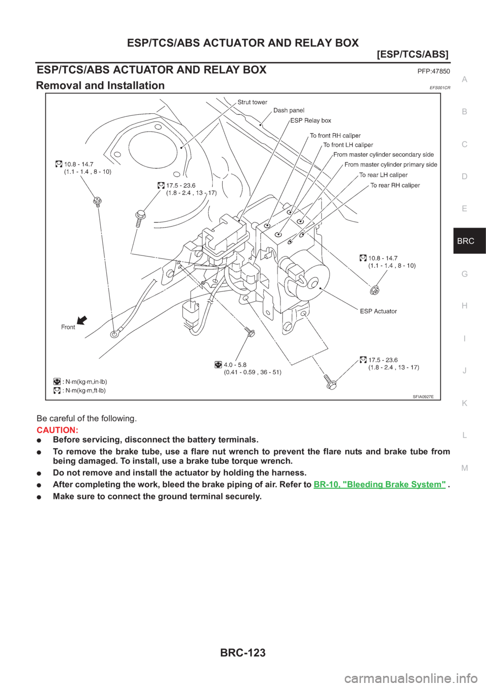 NISSAN X-TRAIL 2001  Service Repair Manual ESP/TCS/ABS ACTUATOR AND RELAY BOX
BRC-123
[ESP/TCS/ABS]
C
D
E
G
H
I
J
K
L
MA
B
BRC
ESP/TCS/ABS ACTUATOR AND RELAY BOXPFP:47850
Removal and InstallationEFS001CR
Be careful of the following.
CAUTION:
