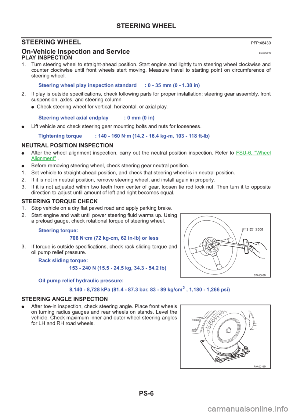 NISSAN X-TRAIL 2001 Service Repair Manual PS-6
STEERING WHEEL
STEERING WHEEL
PFP:48430
On-Vehicle Inspection and ServiceEGS0004E
PLAY INSPECTION
1. Turn steering wheel to straight-ahead position. Start engine and lightly turn steering wheel c NISSAN X-TRAIL 2001 Service Repair Manual PS-6
STEERING WHEEL
STEERING WHEEL
PFP:48430
On-Vehicle Inspection and ServiceEGS0004E
PLAY INSPECTION
1. Turn steering wheel to straight-ahead position. Start engine and lightly turn steering wheel c