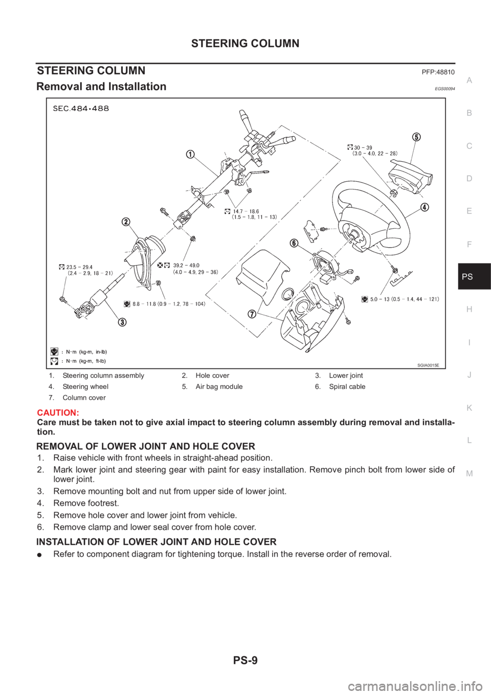 NISSAN X-TRAIL 2001 Service Repair Manual STEERING COLUMN
PS-9
C
D
E
F
H
I
J
K
L
MA
B
PS
STEERING COLUMNPFP:48810
Removal and InstallationEGS00094
CAUTION:
Care must be taken not to give axial impact to steering column assembly during removal NISSAN X-TRAIL 2001 Service Repair Manual STEERING COLUMN
PS-9
C
D
E
F
H
I
J
K
L
MA
B
PS
STEERING COLUMNPFP:48810
Removal and InstallationEGS00094
CAUTION:
Care must be taken not to give axial impact to steering column assembly during removal