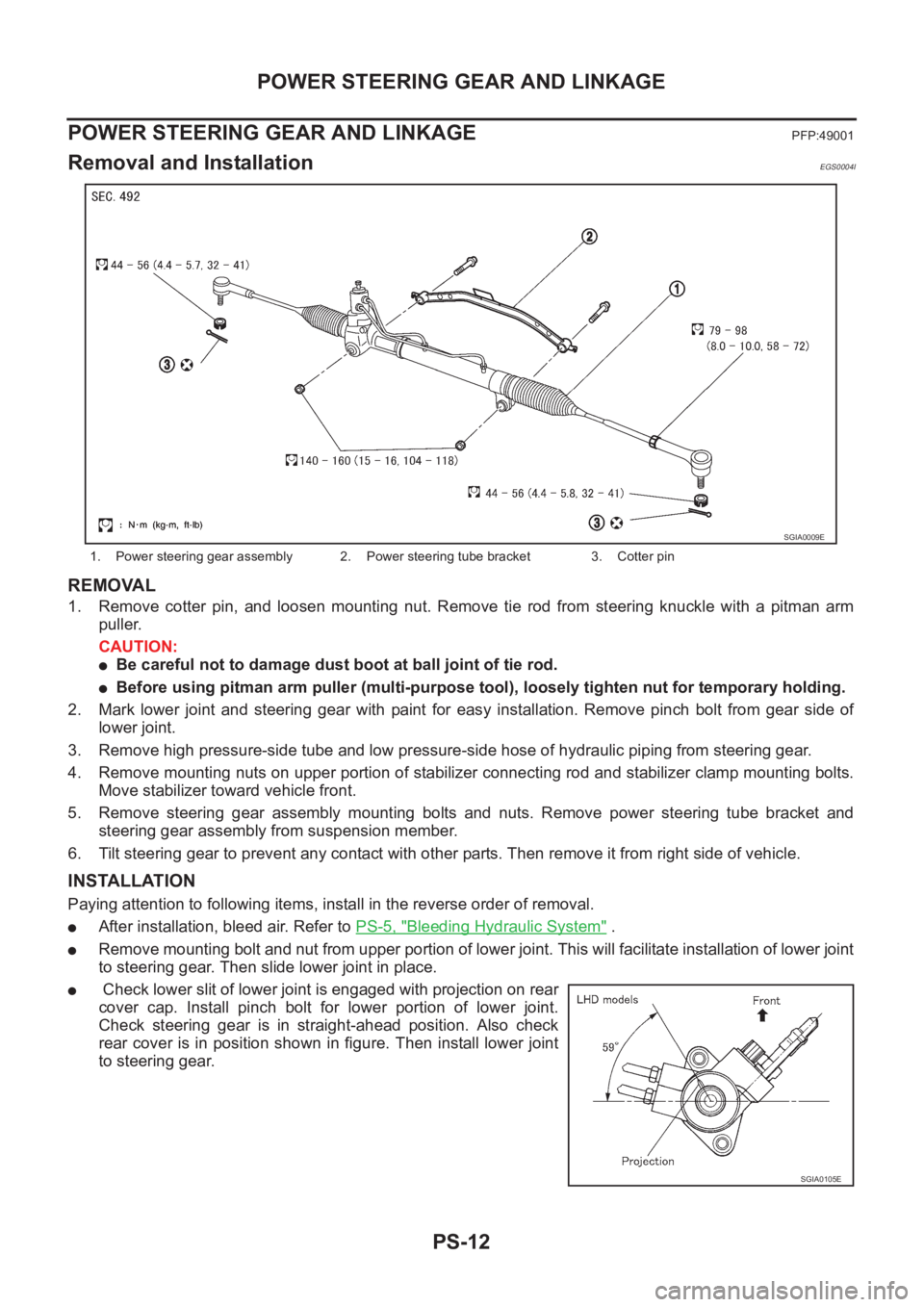 NISSAN X-TRAIL 2001 Service Repair Manual PS-12
POWER STEERING GEAR AND LINKAGE
POWER STEERING GEAR AND LINKAGE
PFP:49001
Removal and InstallationEGS0004I
REMOVAL
1. Remove cotter pin, and loosen mounting nut. Remove tie rod from s NISSAN X-TRAIL 2001 Service Repair Manual PS-12
POWER STEERING GEAR AND LINKAGE
POWER STEERING GEAR AND LINKAGE
PFP:49001
Removal and InstallationEGS0004I
REMOVAL
1. Remove cotter pin, and loosen mounting nut. Remove tie rod from s