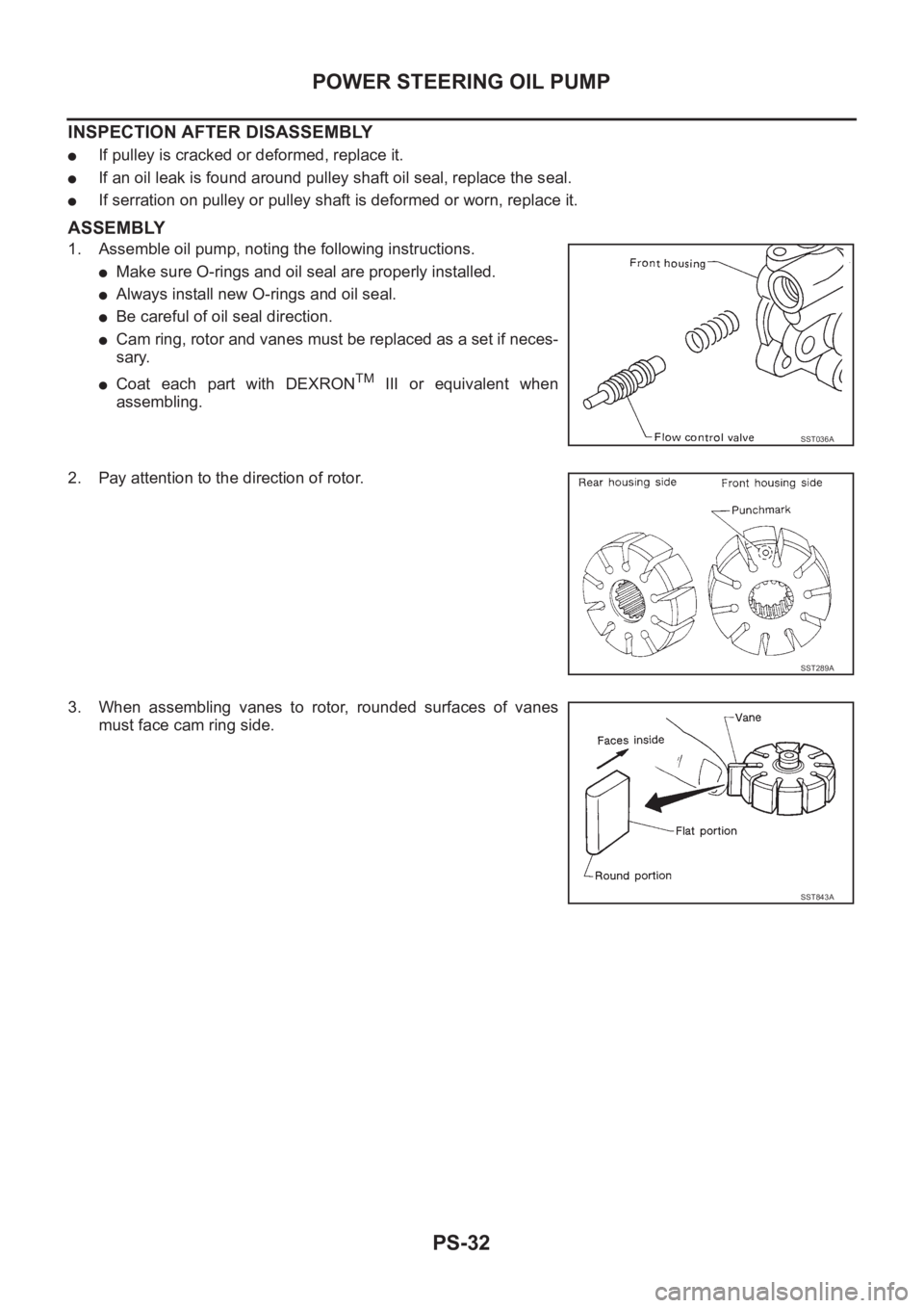 NISSAN X-TRAIL 2001  Service Repair Manual PS-32
POWER STEERING OIL PUMP
INSPECTION AFTER DISASSEMBLY
●If pulley is cracked or deformed, replace it.
●If an oil leak is found around pulley shaft oil seal, replace the seal.
●If serration o