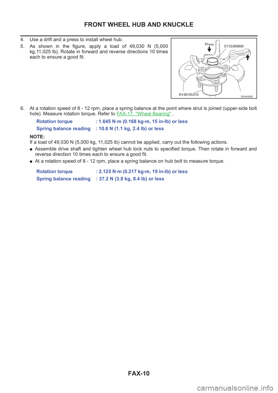 NISSAN X-TRAIL 2001 Service Repair Manual FAX-10
FRONT WHEEL HUB AND KNUCKLE
4. Use a drift and a press to install wheel hub.
5. As shown in the figure, apply a load of 49,030 N (5,000
kg,11,025 lb). Rotate in forward and reverse d NISSAN X-TRAIL 2001 Service Repair Manual FAX-10
FRONT WHEEL HUB AND KNUCKLE
4. Use a drift and a press to install wheel hub.
5. As shown in the figure, apply a load of 49,030 N (5,000
kg,11,025 lb). Rotate in forward and reverse d