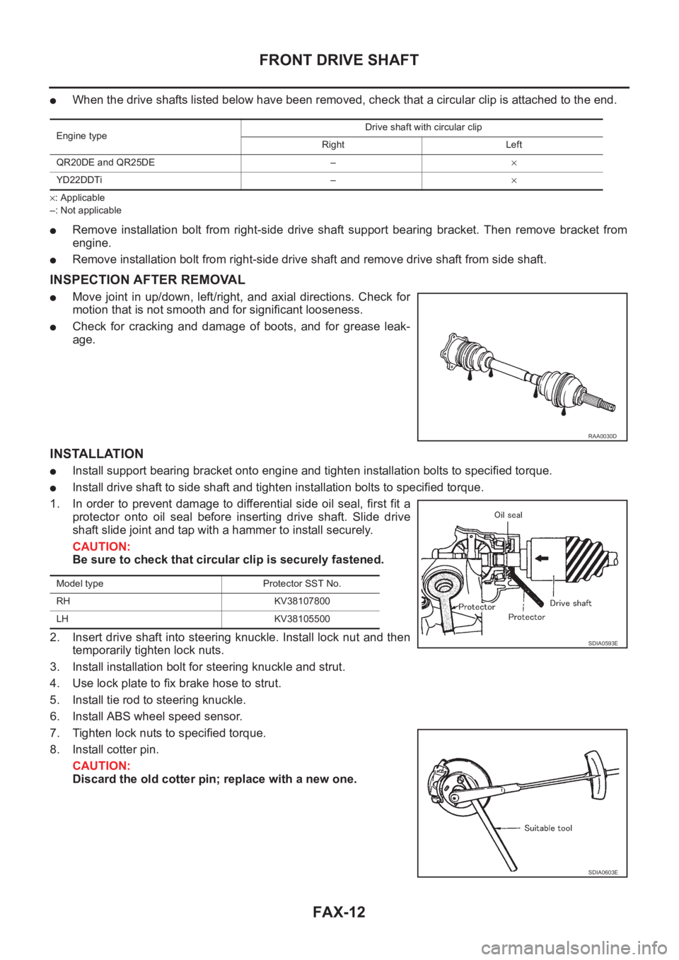 NISSAN X-TRAIL 2001 Service Repair Manual FAX-12
FRONT DRIVE SHAFT
●When the drive shafts listed below have been removed, check that a circular clip is attached to the end.
×: Applicable
–: Not applicable
●Remove installation bolt f NISSAN X-TRAIL 2001 Service Repair Manual FAX-12
FRONT DRIVE SHAFT
●When the drive shafts listed below have been removed, check that a circular clip is attached to the end.
×: Applicable
–: Not applicable
●Remove installation bolt f