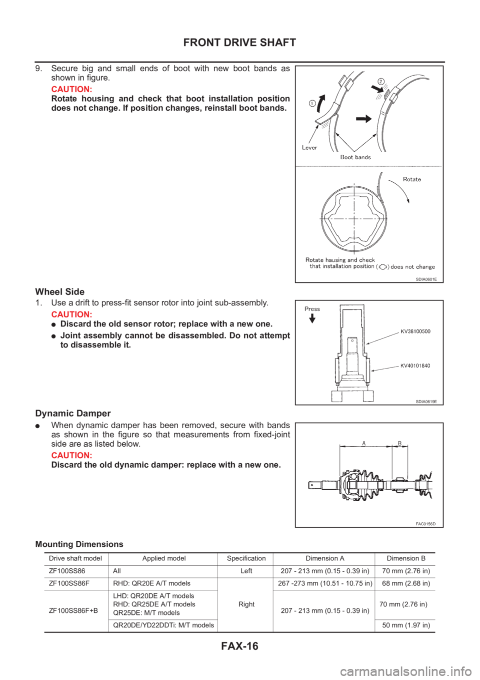 NISSAN X-TRAIL 2001 Service Repair Manual FAX-16
FRONT DRIVE SHAFT
9. Secure big and small ends of boot with new boot bands as
shown in figure.
CAUTION:
Rotate housing and check that boot installation position
does not change. If posit NISSAN X-TRAIL 2001 Service Repair Manual FAX-16
FRONT DRIVE SHAFT
9. Secure big and small ends of boot with new boot bands as
shown in figure.
CAUTION:
Rotate housing and check that boot installation position
does not change. If posit