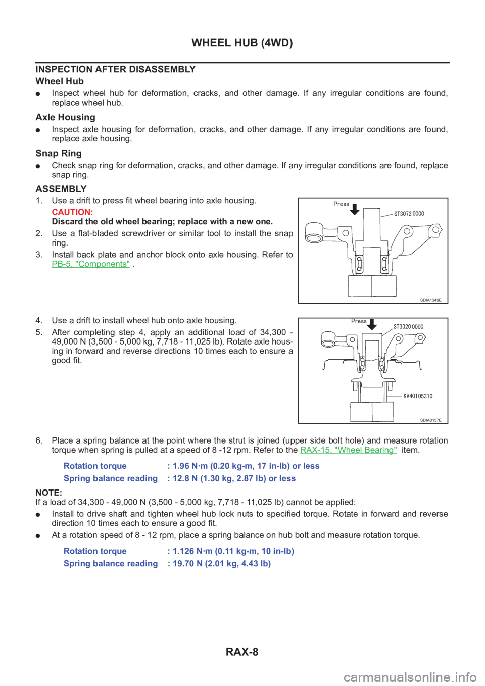 NISSAN X-TRAIL 2001 Service Repair Manual RAX-8
WHEEL HUB (4WD)
INSPECTION AFTER DISASSEMBLY
Wheel Hub
●Inspect wheel hub for deformation, cracks, and other damage. If any irregular conditions are found,
replace wheel hub.
Axl NISSAN X-TRAIL 2001 Service Repair Manual RAX-8
WHEEL HUB (4WD)
INSPECTION AFTER DISASSEMBLY
Wheel Hub
●Inspect wheel hub for deformation, cracks, and other damage. If any irregular conditions are found,
replace wheel hub.
Axl