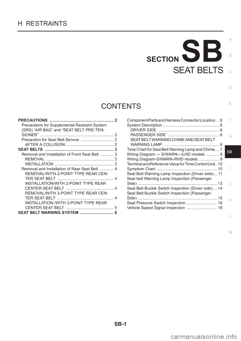 NISSAN X-TRAIL 2001 Service Repair Manual SB-1
SEAT BELTS
H RESTRAINTS
CONTENTS
C
D
E
F
G
I
J
K
L
M
SECTION
A
B
SB
SEAT BELTS
PRECAUTIONS .......................................................... 2
Precautions for Supplemental Restraint Sy NISSAN X-TRAIL 2001 Service Repair Manual SB-1
SEAT BELTS
H RESTRAINTS
CONTENTS
C
D
E
F
G
I
J
K
L
M
SECTION
A
B
SB
SEAT BELTS
PRECAUTIONS .......................................................... 2
Precautions for Supplemental Restraint Sy