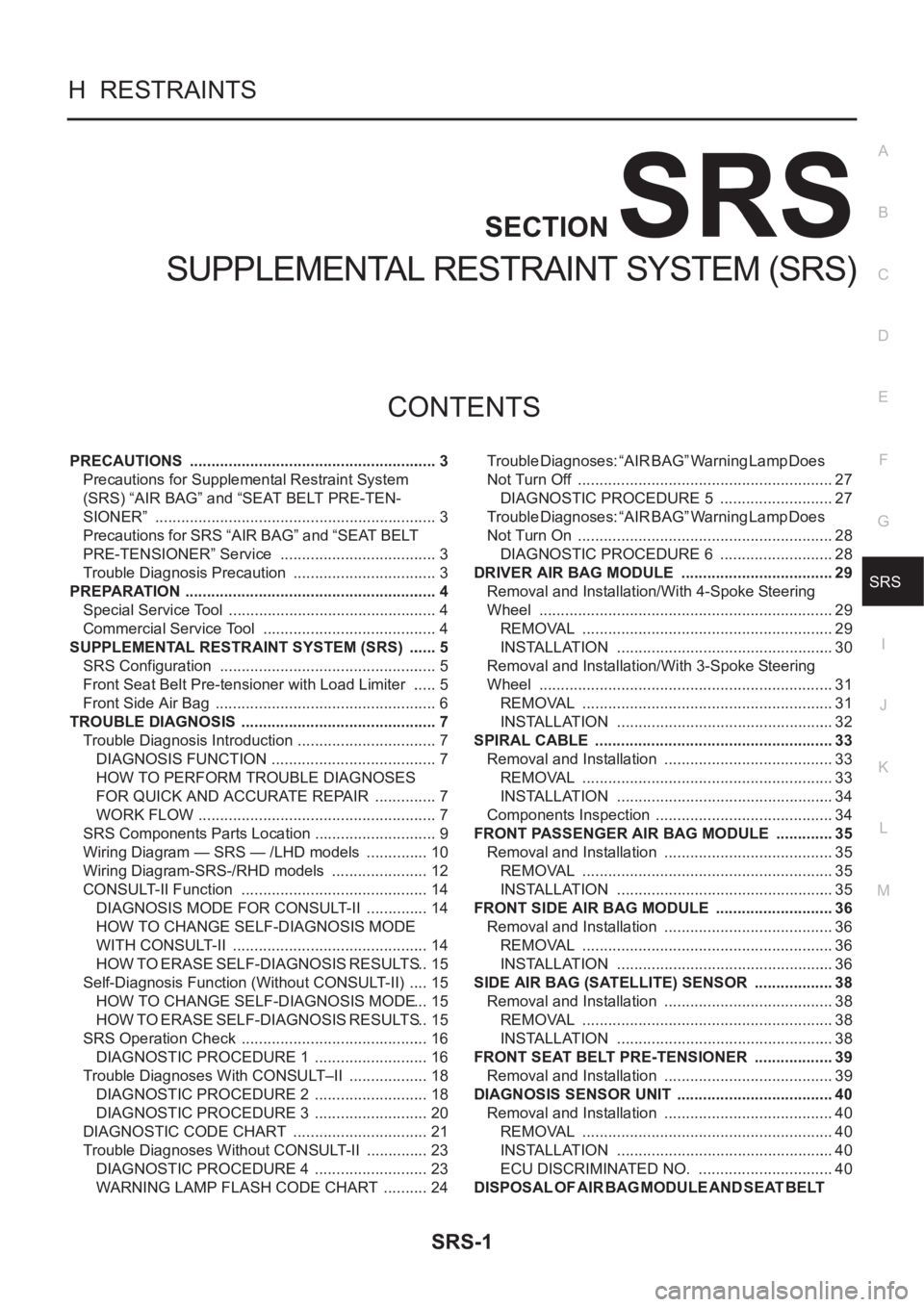 NISSAN X-TRAIL 2001 Service Repair Manual SRS-1
SUPPLEMENTAL RESTRAINT SYSTEM (SRS)
H RESTRAINTS
CONTENTS
C
D
E
F
G
I
J
K
L
M
SECTION
A
B
SRS
SUPPLEMENTAL RESTRAINT SYSTEM (SRS)
PRECAUTIONS .................................................. NISSAN X-TRAIL 2001 Service Repair Manual SRS-1
SUPPLEMENTAL RESTRAINT SYSTEM (SRS)
H RESTRAINTS
CONTENTS
C
D
E
F
G
I
J
K
L
M
SECTION
A
B
SRS
SUPPLEMENTAL RESTRAINT SYSTEM (SRS)
PRECAUTIONS ..................................................