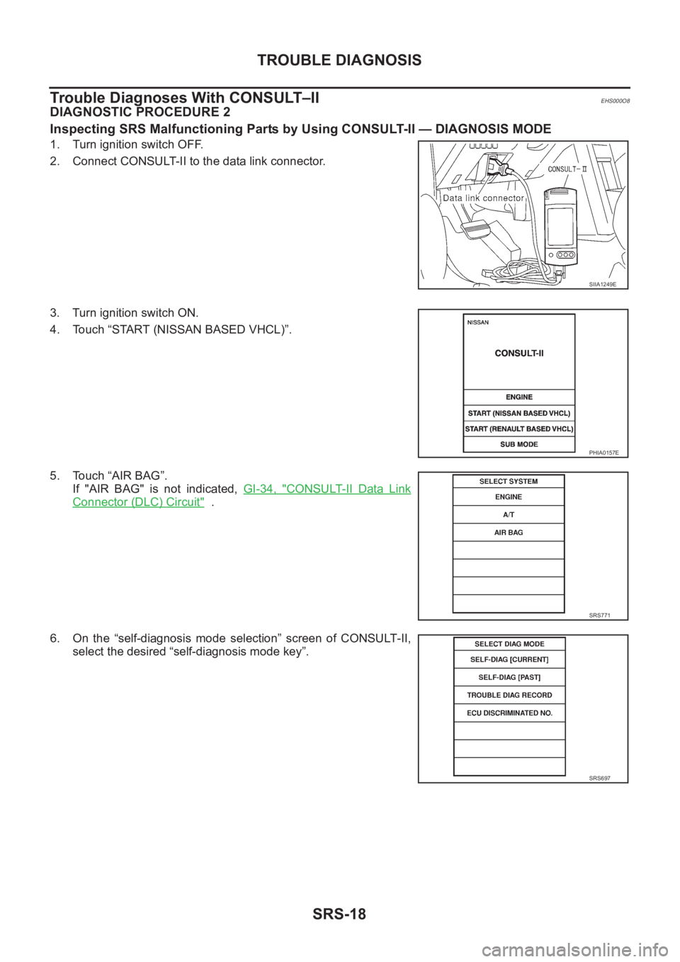 NISSAN X-TRAIL 2001  Service Repair Manual SRS-18
TROUBLE DIAGNOSIS
Trouble Diagnoses With CONSULT–II
EHS000O8
DIAGNOSTIC PROCEDURE 2
Inspecting SRS Malfunctioning Parts by Using CONSULT-II — DIAGNOSIS MODE
1. Turn ignition switch OFF.
2. 