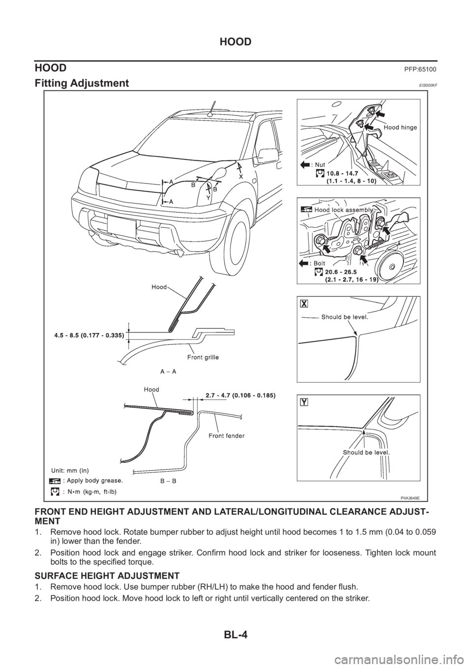 NISSAN X-TRAIL 2001 Service Repair Manual BL-4
HOOD
HOOD
PFP:65100
Fitting AdjustmentEIS000KF
FRONT END HEIGHT ADJUSTMENT AND LATERAL/LONGITUDINAL CLEARANCE ADJUST-
MENT
1. Remove hood lock. Rotate bumper rubber to adjust height until hood be NISSAN X-TRAIL 2001 Service Repair Manual BL-4
HOOD
HOOD
PFP:65100
Fitting AdjustmentEIS000KF
FRONT END HEIGHT ADJUSTMENT AND LATERAL/LONGITUDINAL CLEARANCE ADJUST-
MENT
1. Remove hood lock. Rotate bumper rubber to adjust height until hood be