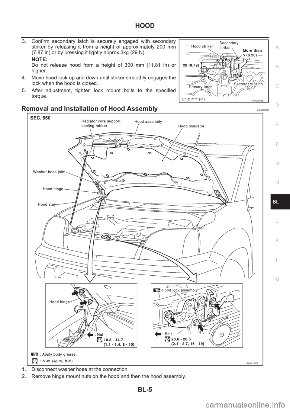 NISSAN X-TRAIL 2001 Service Repair Manual HOOD
BL-5
C
D
E
F
G
H
J
K
L
MA
B
BL
3. Confirm secondary latch is securely engaged with secondary
striker by releasing it from a height of approximately 200 mm
(7.87 in) or by pressin NISSAN X-TRAIL 2001 Service Repair Manual HOOD
BL-5
C
D
E
F
G
H
J
K
L
MA
B
BL
3. Confirm secondary latch is securely engaged with secondary
striker by releasing it from a height of approximately 200 mm
(7.87 in) or by pressin