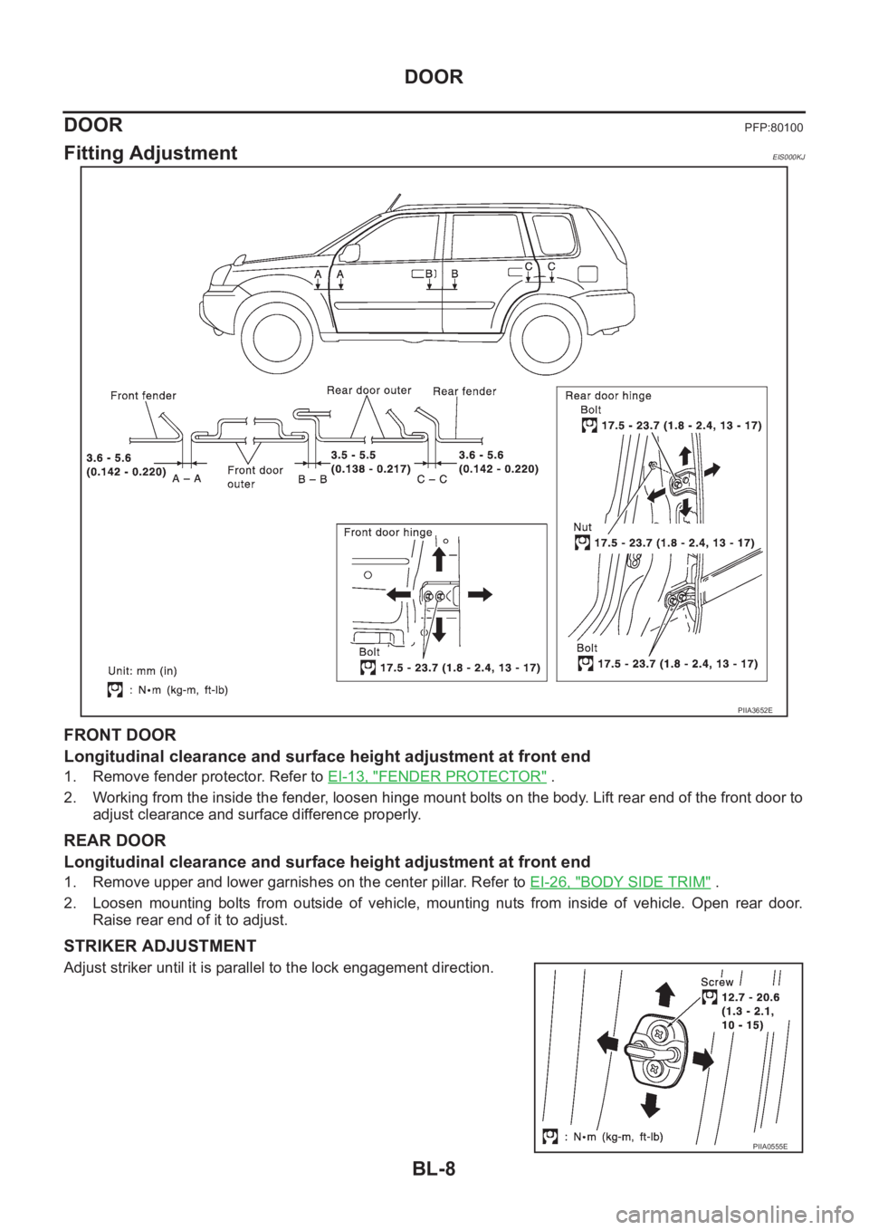 NISSAN X-TRAIL 2001 Service Repair Manual BL-8
DOOR
DOOR
PFP:80100
Fitting AdjustmentEIS000KJ
FRONT DOOR
Longitudinal clearance and surface height adjustment at front end
1. Remove fender protector. Refer to EI-13, "FENDER PROTECTOR" NISSAN X-TRAIL 2001 Service Repair Manual BL-8
DOOR
DOOR
PFP:80100
Fitting AdjustmentEIS000KJ
FRONT DOOR
Longitudinal clearance and surface height adjustment at front end
1. Remove fender protector. Refer to EI-13, "FENDER PROTECTOR"