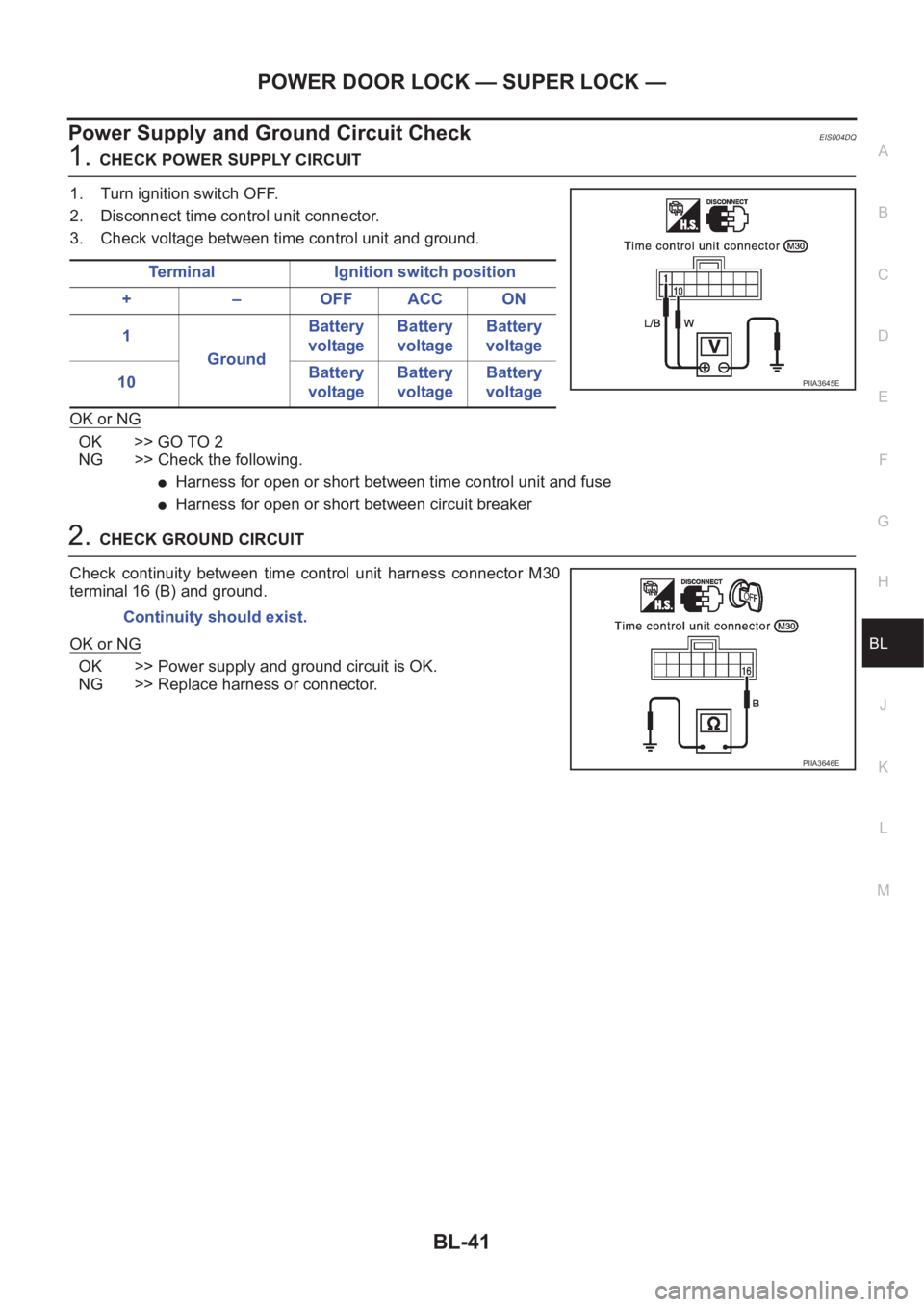 NISSAN X-TRAIL 2001 Service Repair Manual POWER DOOR LOCK — SUPER LOCK —
BL-41
C
D
E
F
G
H
J
K
L
MA
B
BL
Power Supply and Ground Circuit CheckEIS004DQ
1.CHECK POWER SUPPLY CIRCUIT
1. Turn ignition switch OFF.
2. Disconnect time control un NISSAN X-TRAIL 2001 Service Repair Manual POWER DOOR LOCK — SUPER LOCK —
BL-41
C
D
E
F
G
H
J
K
L
MA
B
BL
Power Supply and Ground Circuit CheckEIS004DQ
1.CHECK POWER SUPPLY CIRCUIT
1. Turn ignition switch OFF.
2. Disconnect time control un