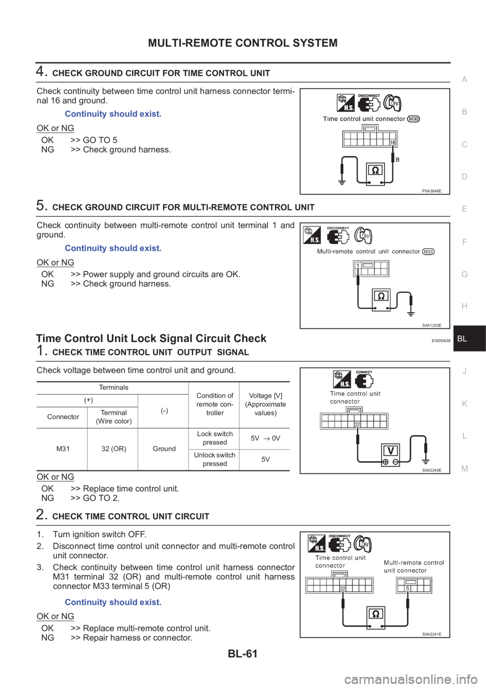NISSAN X-TRAIL 2001 Service Repair Manual MULTI-REMOTE CONTROL SYSTEM
BL-61
C
D
E
F
G
H
J
K
L
MA
B
BL
4.CHECK GROUND CIRCUIT FOR TIME CONTROL UNIT
Check continuity between time control unit harness connector termi-
nal 16 and ground.
OK or NG NISSAN X-TRAIL 2001 Service Repair Manual MULTI-REMOTE CONTROL SYSTEM
BL-61
C
D
E
F
G
H
J
K
L
MA
B
BL
4.CHECK GROUND CIRCUIT FOR TIME CONTROL UNIT
Check continuity between time control unit harness connector termi-
nal 16 and ground.
OK or NG