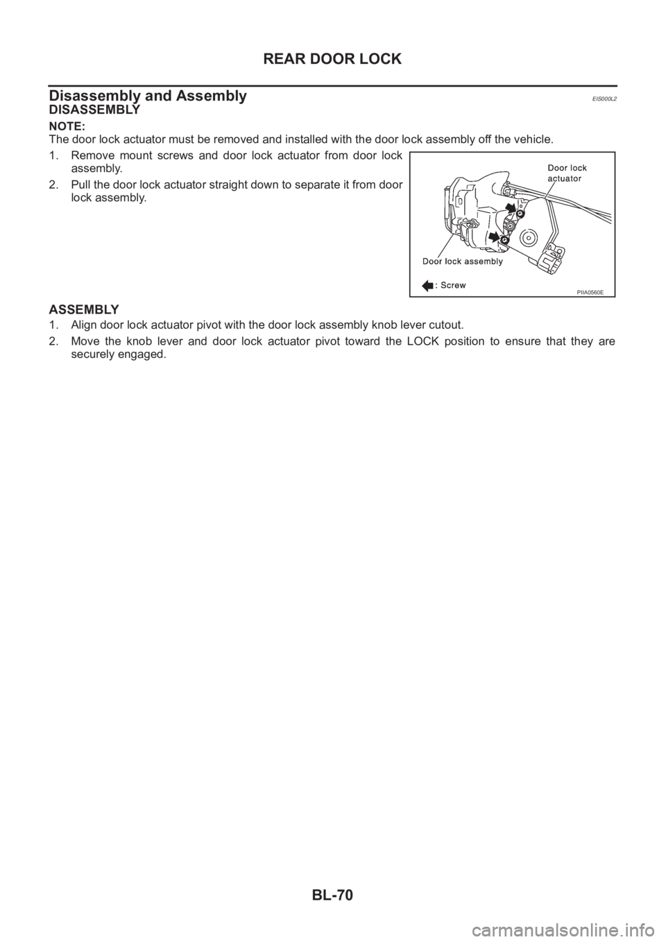 NISSAN X-TRAIL 2001  Service Repair Manual BL-70
REAR DOOR LOCK
Disassembly and Assembly
EIS000L2
DISASSEMBLY
NOTE:
The door lock actuator must be removed and installed with the door lock assembly off the vehicle.
1. Remove  mount  screws  and