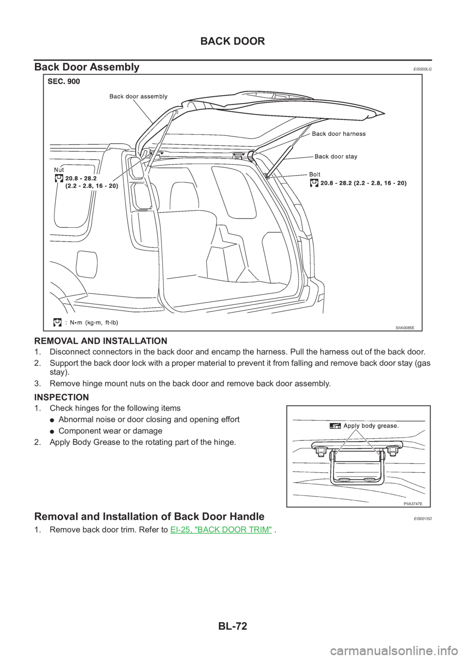 NISSAN X-TRAIL 2001  Service Repair Manual BL-72
BACK DOOR
Back Door Assembly
EIS000LG
REMOVAL AND INSTALLATION
1. Disconnect connectors in the back door and encamp the harness. Pull the harness out of the back door.
2. Support the back door l