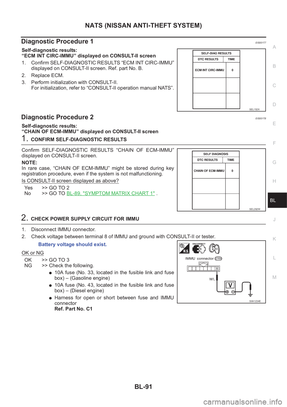 NISSAN X-TRAIL 2001 Service Repair Manual NATS (NISSAN ANTI-THEFT SYSTEM)
BL-91
C
D
E
F
G
H
J
K
L
MA
B
BL
Diagnostic Procedure 1EIS001T7
Self-diagnostic results:
“ECM INT CIRC-IMMU” displayed on CONSULT-II screen
1. Confirm SELF-DIAGNOSTI NISSAN X-TRAIL 2001 Service Repair Manual NATS (NISSAN ANTI-THEFT SYSTEM)
BL-91
C
D
E
F
G
H
J
K
L
MA
B
BL
Diagnostic Procedure 1EIS001T7
Self-diagnostic results:
“ECM INT CIRC-IMMU” displayed on CONSULT-II screen
1. Confirm SELF-DIAGNOSTI