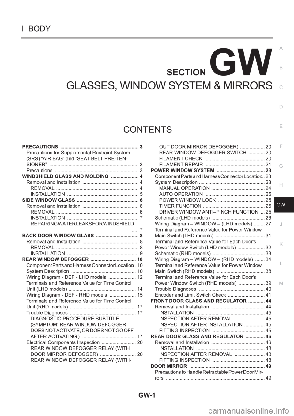 NISSAN X-TRAIL 2001 Service Repair Manual GW-1
GLASSES, WINDOW SYSTEM & MIRRORS
I BODY
CONTENTS
C
D
E
F
G
H
J
K
L
M
SECTION
A
B
GW
GLASSES, WINDOW SYSTEM & MIRRORS
PRECAUTIONS .......................................................... 3
Pre NISSAN X-TRAIL 2001 Service Repair Manual GW-1
GLASSES, WINDOW SYSTEM & MIRRORS
I BODY
CONTENTS
C
D
E
F
G
H
J
K
L
M
SECTION
A
B
GW
GLASSES, WINDOW SYSTEM & MIRRORS
PRECAUTIONS .......................................................... 3
Pre