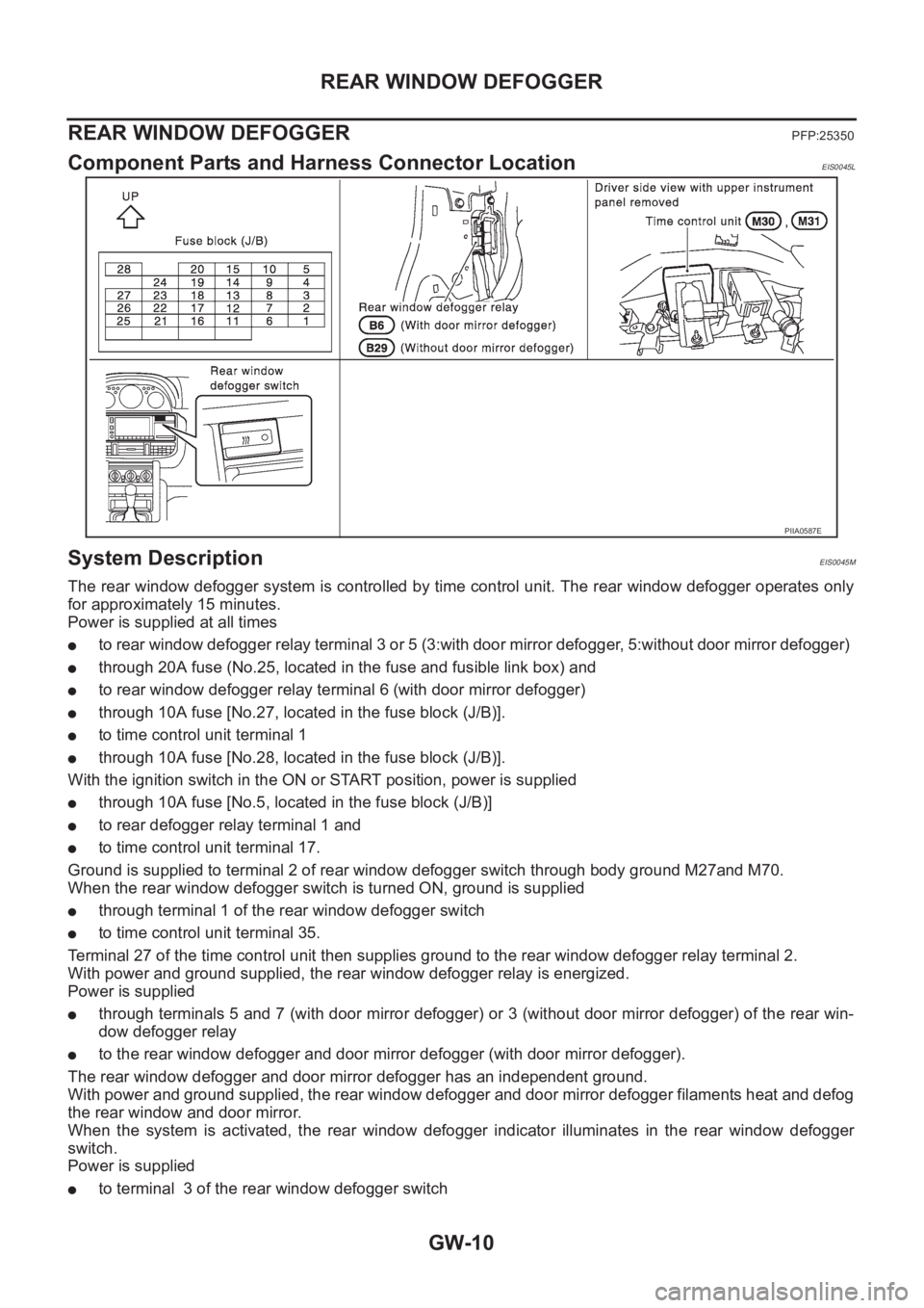 NISSAN X-TRAIL 2001 Service Repair Manual GW-10
REAR WINDOW DEFOGGER
REAR WINDOW DEFOGGER
PFP:25350
Component Parts and Harness Connector LocationEIS0045L
System DescriptionEIS0045M
The rear window defogger system is controlled by time contro NISSAN X-TRAIL 2001 Service Repair Manual GW-10
REAR WINDOW DEFOGGER
REAR WINDOW DEFOGGER
PFP:25350
Component Parts and Harness Connector LocationEIS0045L
System DescriptionEIS0045M
The rear window defogger system is controlled by time contro