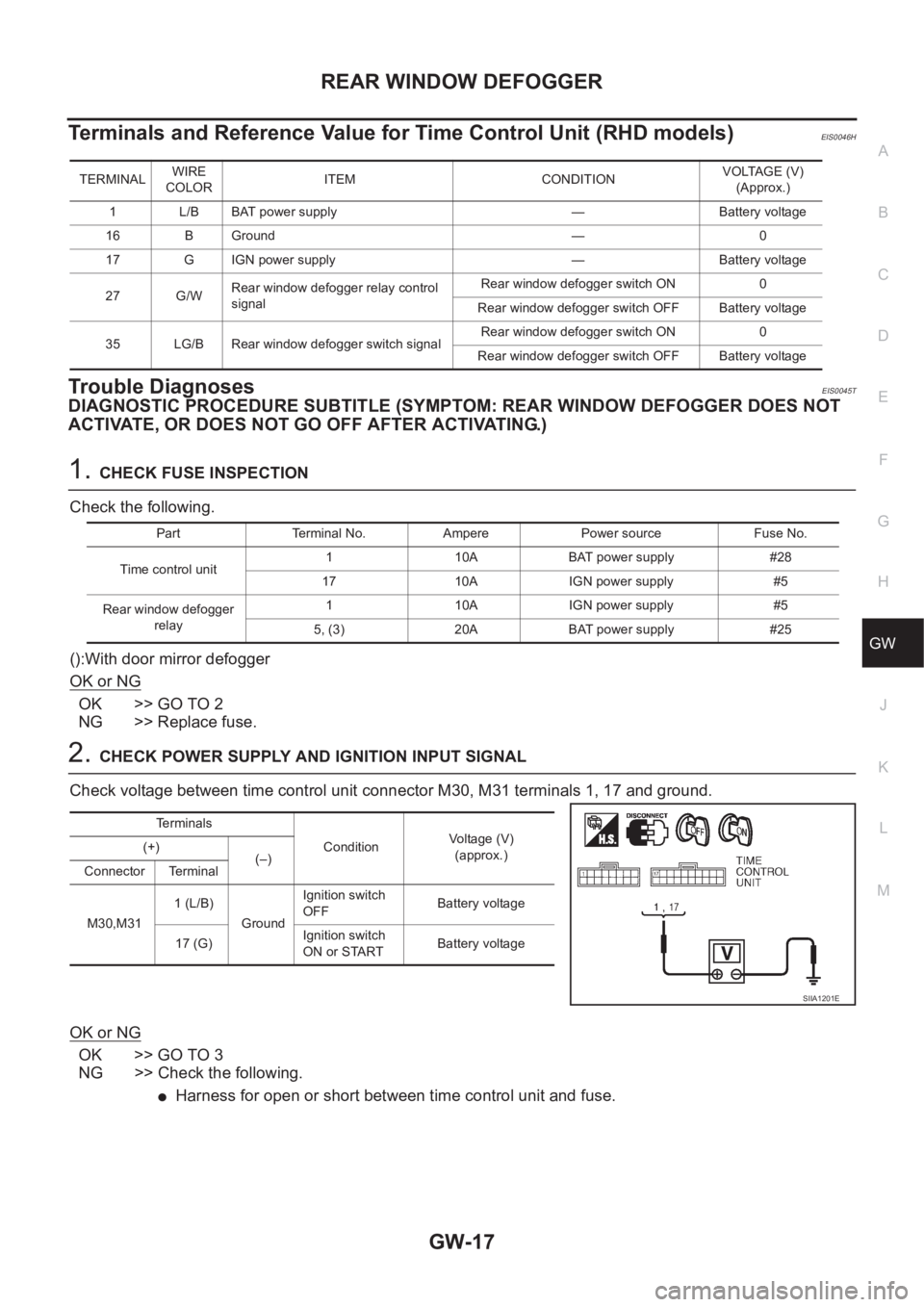 NISSAN X-TRAIL 2001 Service Repair Manual REAR WINDOW DEFOGGER
GW-17
C
D
E
F
G
H
J
K
L
MA
B
GW
Terminals and Reference Value for Time Control Unit (RHD models)EIS0046H
Trouble DiagnosesEIS0045T
DIAGNOSTIC PROCEDURE SUBTITLE (SYMPTOM: REAR WIN NISSAN X-TRAIL 2001 Service Repair Manual REAR WINDOW DEFOGGER
GW-17
C
D
E
F
G
H
J
K
L
MA
B
GW
Terminals and Reference Value for Time Control Unit (RHD models)EIS0046H
Trouble DiagnosesEIS0045T
DIAGNOSTIC PROCEDURE SUBTITLE (SYMPTOM: REAR WIN