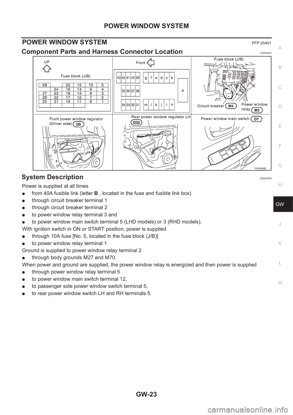 NISSAN X-TRAIL 2001 Service Repair Manual POWER WINDOW SYSTEM
GW-23
C
D
E
F
G
H
J
K
L
MA
B
GW
POWER WINDOW SYSTEMPFP:25401
Component Parts and Harness Connector LocationEIS0045V
System DescriptionEIS0045W
Power is supplied at all times
●fro NISSAN X-TRAIL 2001 Service Repair Manual POWER WINDOW SYSTEM
GW-23
C
D
E
F
G
H
J
K
L
MA
B
GW
POWER WINDOW SYSTEMPFP:25401
Component Parts and Harness Connector LocationEIS0045V
System DescriptionEIS0045W
Power is supplied at all times
●fro
