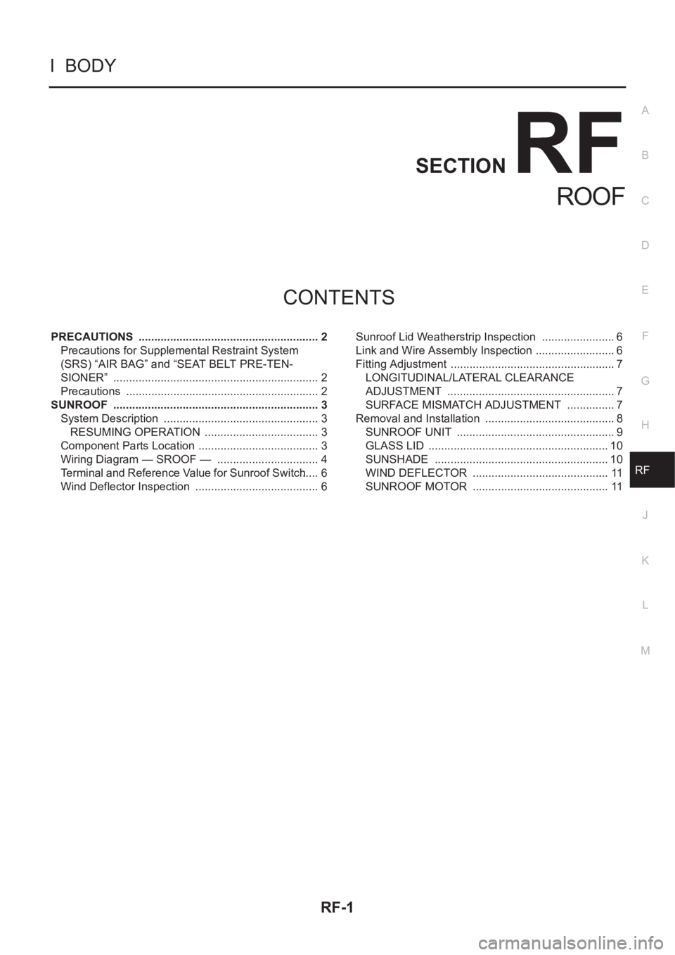 NISSAN X-TRAIL 2001  Service Repair Manual RF-1
ROOF
I  BODY
CONTENTS
C
D
E
F
G
H
J
K
L
M
SECTION
A
B
RF
ROOF
PRECAUTIONS  .......................................................... 2
Precautions for Supplemental Restraint System 
(SRS) “AIR