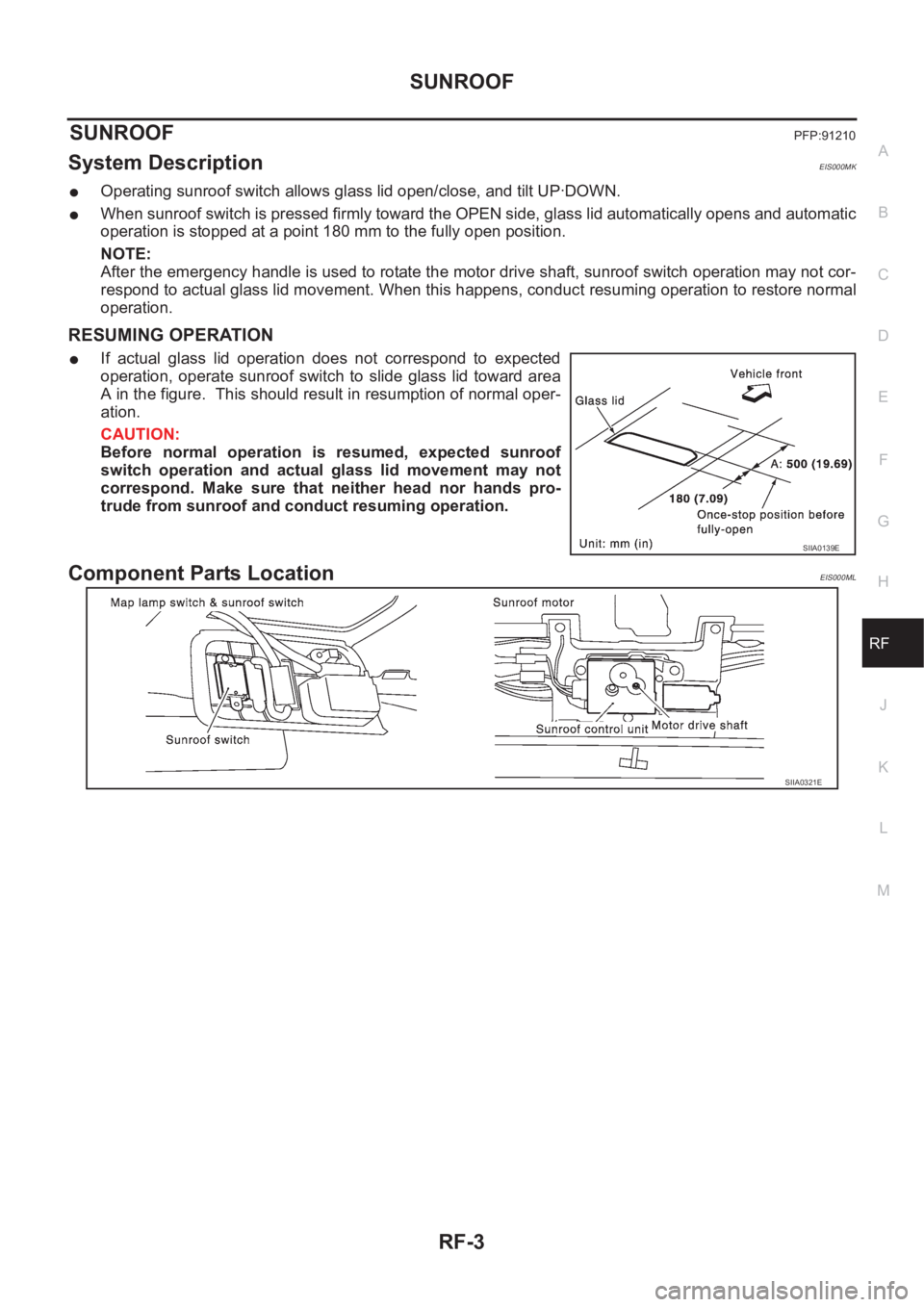 NISSAN X-TRAIL 2001  Service Repair Manual SUNROOF
RF-3
C
D
E
F
G
H
J
K
L
MA
B
RF
SUNROOFPFP:91210
System DescriptionEIS000MK
●Operating sunroof switch allows glass lid open/close, and tilt UP·DOWN.
●When sunroof switch is pressed firmly 