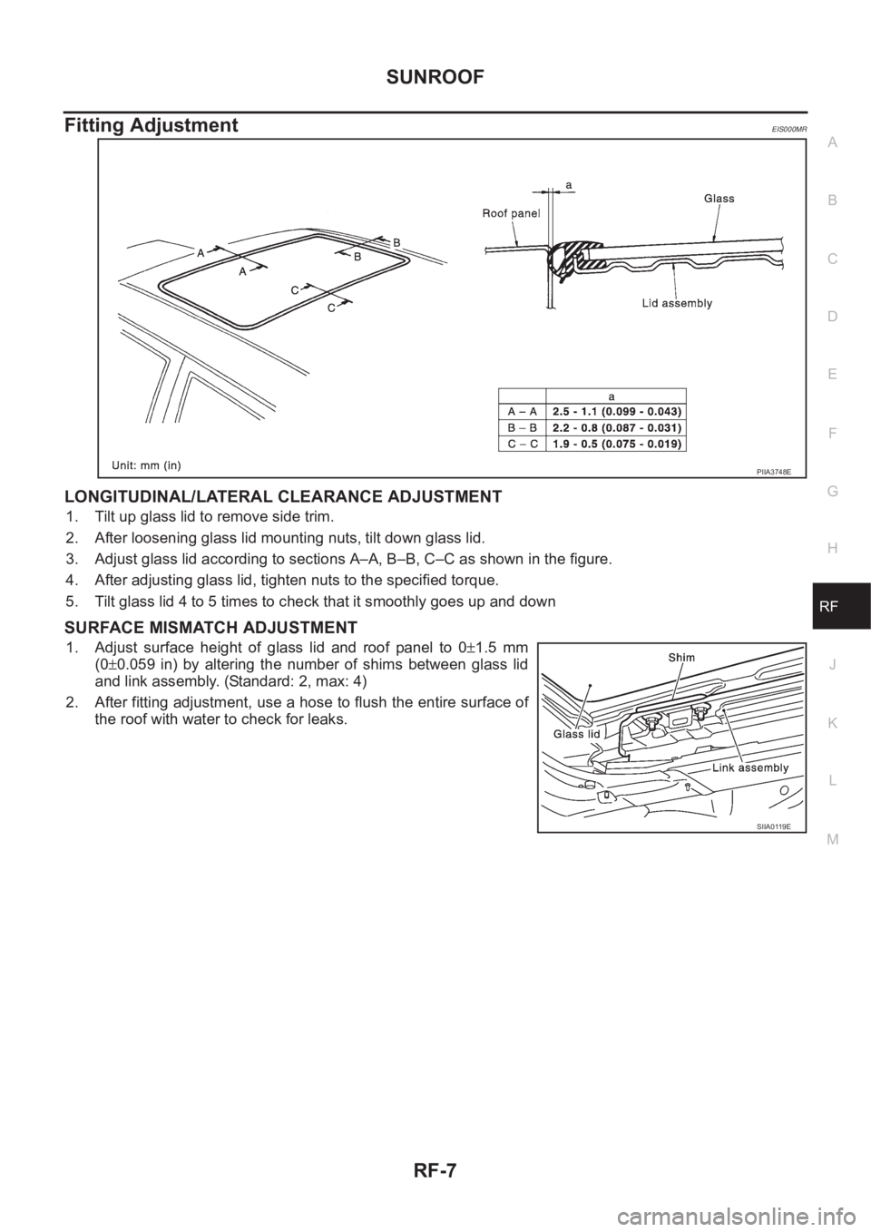NISSAN X-TRAIL 2001  Service Repair Manual SUNROOF
RF-7
C
D
E
F
G
H
J
K
L
MA
B
RF
Fitting AdjustmentEIS000MR
LONGITUDINAL/LATERAL CLEARANCE ADJUSTMENT
1. Tilt up glass lid to remove side trim.
2. After loosening glass lid mounting nuts, tilt d