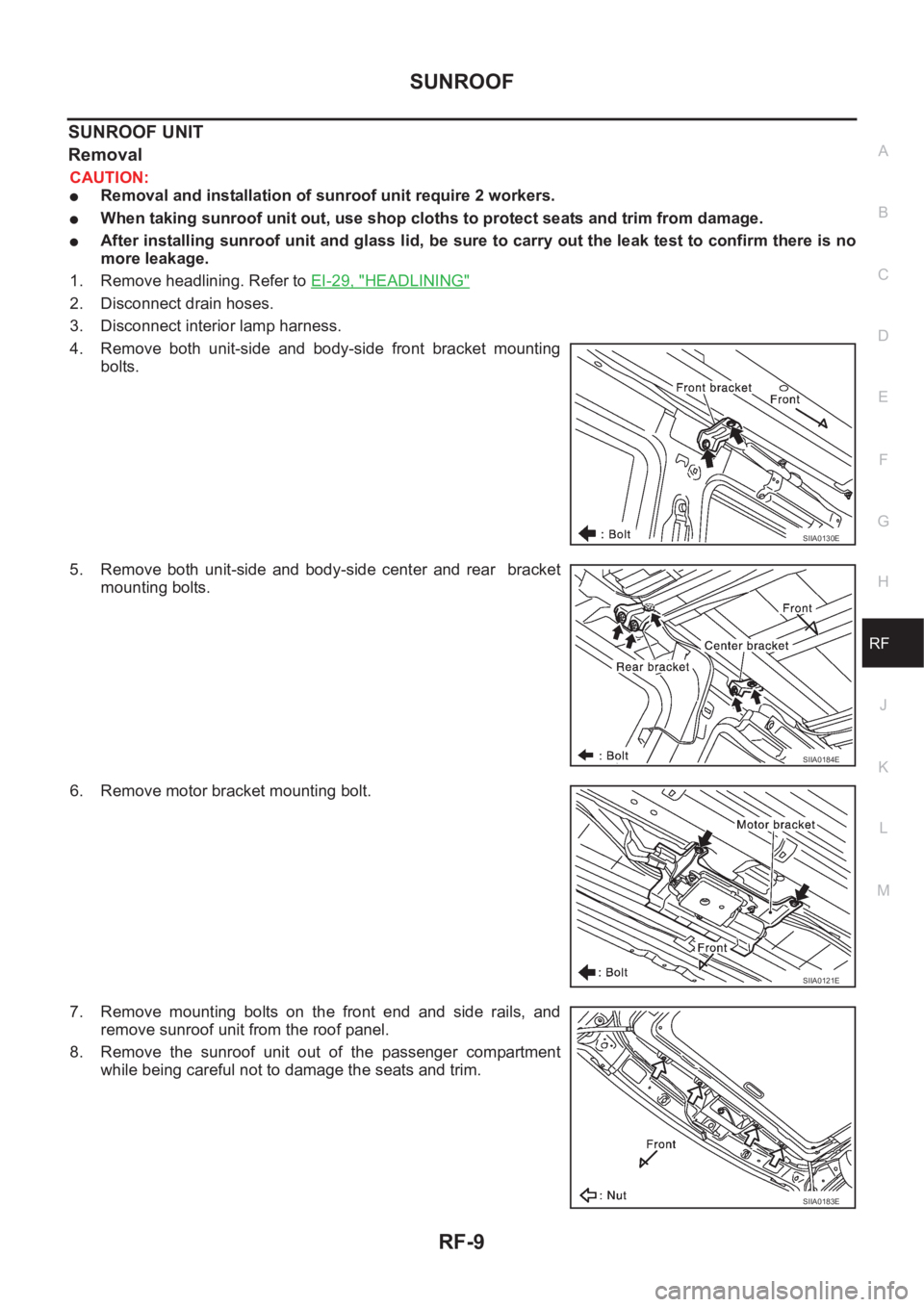 NISSAN X-TRAIL 2001  Service Repair Manual SUNROOF
RF-9
C
D
E
F
G
H
J
K
L
MA
B
RF
SUNROOF UNIT
Removal
CAUTION:
●Removal and installation of sunroof unit require 2 workers.
●When taking sunroof unit out, use shop cloths to protect seats an