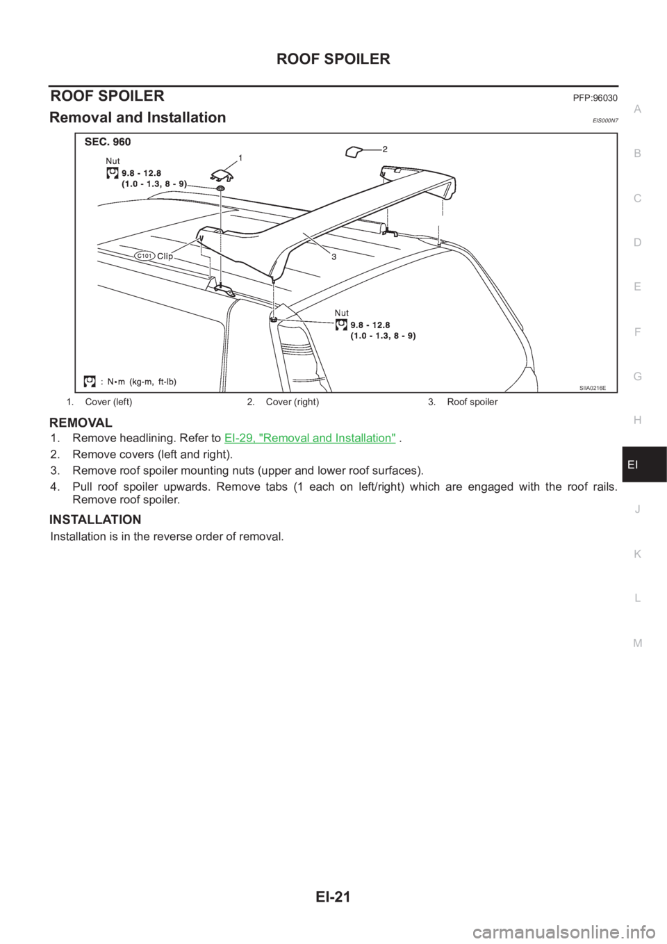 NISSAN X-TRAIL 2001  Service Repair Manual ROOF SPOILER
EI-21
C
D
E
F
G
H
J
K
L
MA
B
EI
ROOF SPOILERPFP:96030
Removal and InstallationEIS000N7
REMOVAL
1. Remove headlining. Refer to EI-29, "Removal and Installation" .
2. Remove covers 