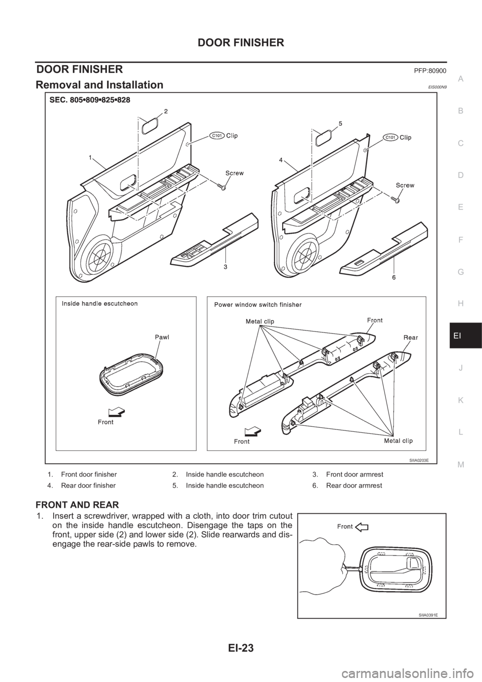 NISSAN X-TRAIL 2001  Service Repair Manual DOOR FINISHER
EI-23
C
D
E
F
G
H
J
K
L
MA
B
EI
DOOR FINISHERPFP:80900
Removal and InstallationEIS000N9
FRONT AND REAR
1. Insert a  screwdriver, wrapped with a cloth, into door  trim cutout
on  the  ins