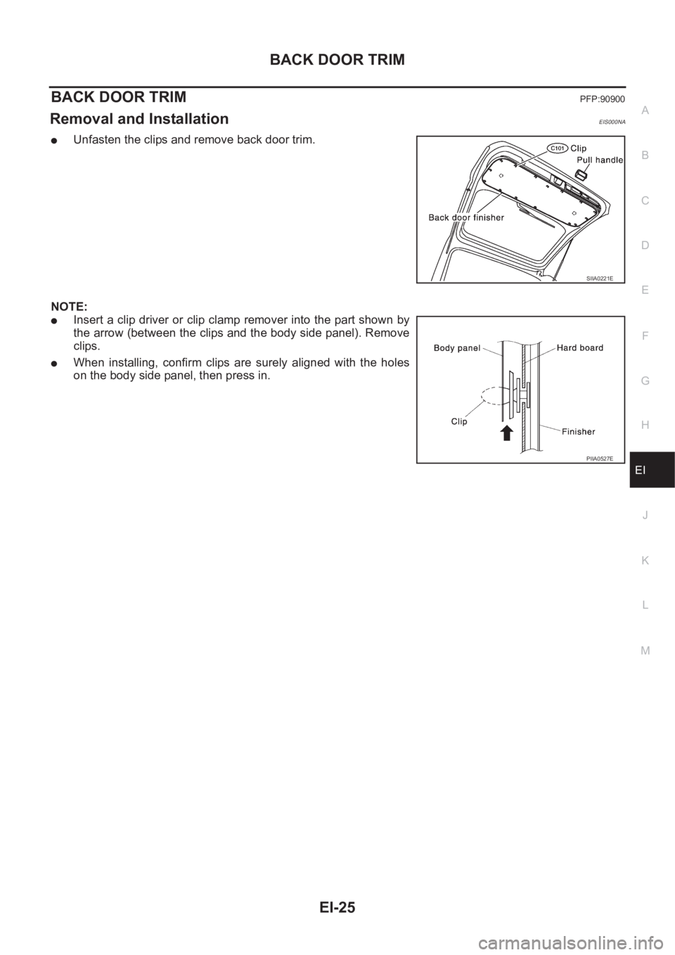 NISSAN X-TRAIL 2001  Service Repair Manual BACK DOOR TRIM
EI-25
C
D
E
F
G
H
J
K
L
MA
B
EI
BACK DOOR TRIMPFP:90900
Removal and InstallationEIS000NA
●Unfasten the clips and remove back door trim.
NOTE:
●Insert a clip driver or clip clamp rem