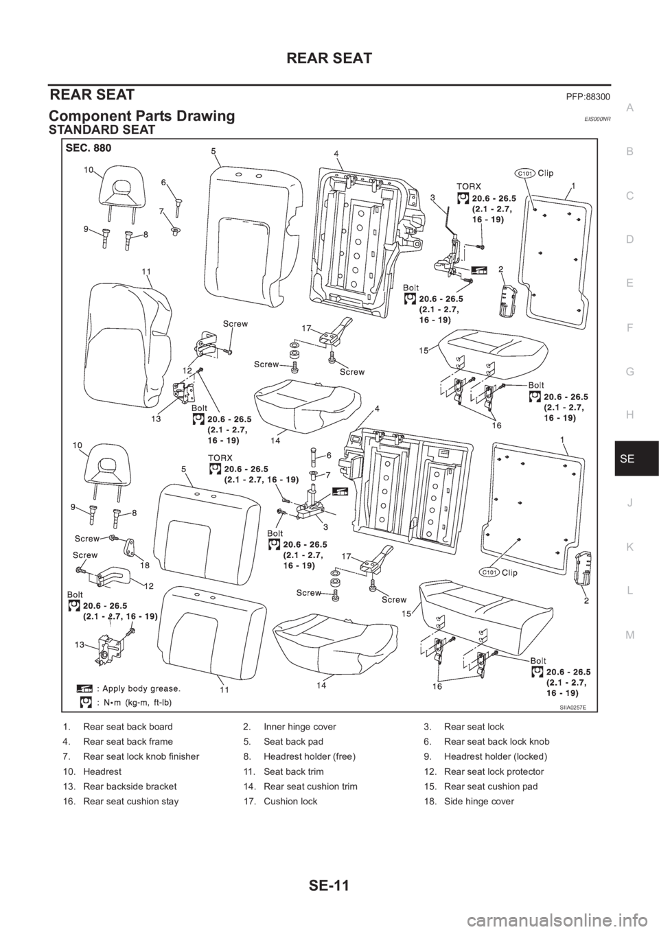 NISSAN X-TRAIL 2001  Service Repair Manual REAR SEAT
SE-11
C
D
E
F
G
H
J
K
L
MA
B
SE
REAR SEATPFP:88300
Component Parts DrawingEIS000NR
STANDARD SEAT
SIIA0257E
1. Rear seat back board 2. Inner hinge cover 3. Rear seat lock
4. Rear seat back fr