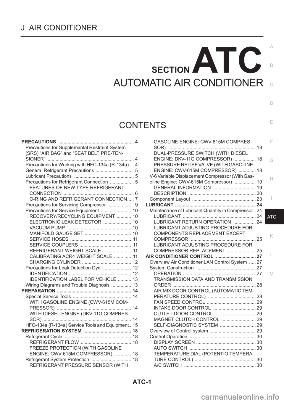 NISSAN X-TRAIL 2001  Service Repair Manual ATC-1
AUTOMATIC AIR CONDITIONER
J  AIR CONDITIONER
CONTENTS
C
D
E
F
G
H
I
K
L
M
SECTION
A
B
AT C
AUTOMATIC AIR CONDITIONER
PRECAUTIONS  .......................................................... 4
Pre