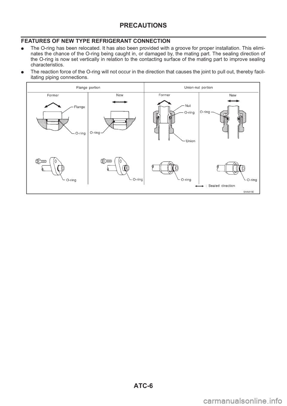 NISSAN X-TRAIL 2001 Service Repair Manual ATC-6
PRECAUTIONS
FEATURES OF NEW TYPE REFRIGERANT CONNECTION
●The O-ring has been relocated. It has also been provided with a groove for proper installation. This elimi-
nates the chance of the O-r NISSAN X-TRAIL 2001 Service Repair Manual ATC-6
PRECAUTIONS
FEATURES OF NEW TYPE REFRIGERANT CONNECTION
●The O-ring has been relocated. It has also been provided with a groove for proper installation. This elimi-
nates the chance of the O-r