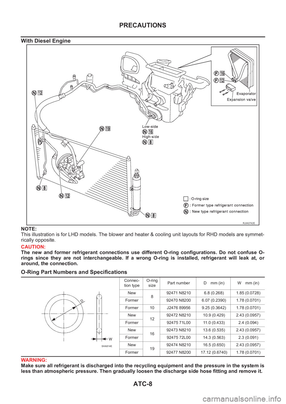 NISSAN X-TRAIL 2001 Service Repair Manual ATC-8
PRECAUTIONS
With Diesel Engine
NOTE:
This illustration is for LHD models. The blower and heater & cooling unit layouts for RHD models are symmet-
rically opposite.
CAUTION:
The new and former NISSAN X-TRAIL 2001 Service Repair Manual ATC-8
PRECAUTIONS
With Diesel Engine
NOTE:
This illustration is for LHD models. The blower and heater & cooling unit layouts for RHD models are symmet-
rically opposite.
CAUTION:
The new and former