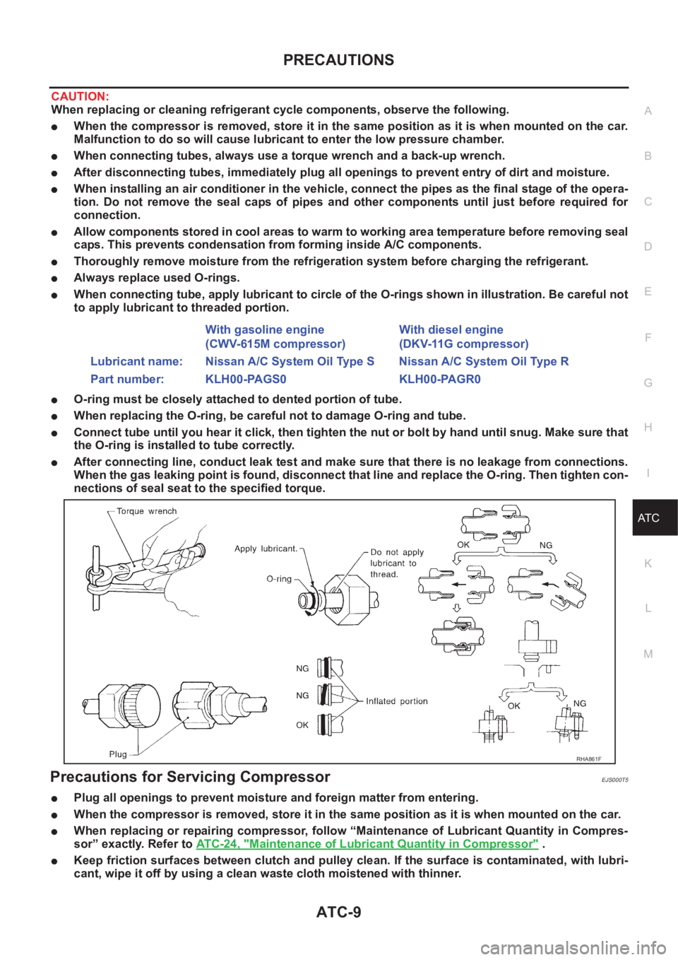 NISSAN X-TRAIL 2001 Service Repair Manual PRECAUTIONS
ATC-9
C
D
E
F
G
H
I
K
L
MA
B
AT C
CAUTION:
When replacing or cleaning refrigerant cycle components, observe the following.
●When the compressor is removed, store it in the same position NISSAN X-TRAIL 2001 Service Repair Manual PRECAUTIONS
ATC-9
C
D
E
F
G
H
I
K
L
MA
B
AT C
CAUTION:
When replacing or cleaning refrigerant cycle components, observe the following.
●When the compressor is removed, store it in the same position