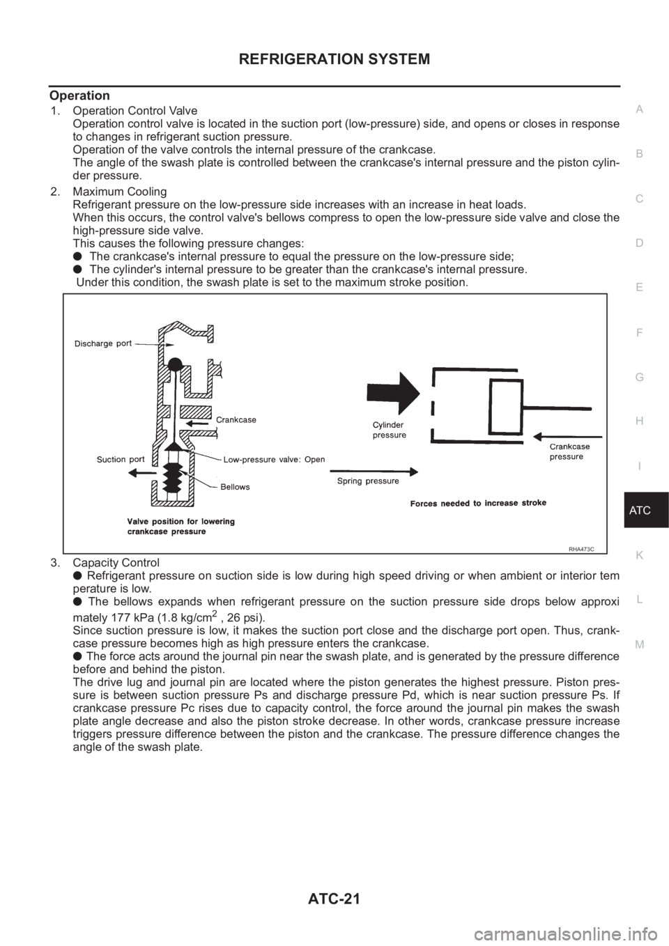 NISSAN X-TRAIL 2001 Service Repair Manual REFRIGERATION SYSTEM
ATC-21
C
D
E
F
G
H
I
K
L
MA
B
AT C
Operation
1. Operation Control Valve
Operation control valve is located in the suction port (low-pressure) side, and opens or closes in response NISSAN X-TRAIL 2001 Service Repair Manual REFRIGERATION SYSTEM
ATC-21
C
D
E
F
G
H
I
K
L
MA
B
AT C
Operation
1. Operation Control Valve
Operation control valve is located in the suction port (low-pressure) side, and opens or closes in response