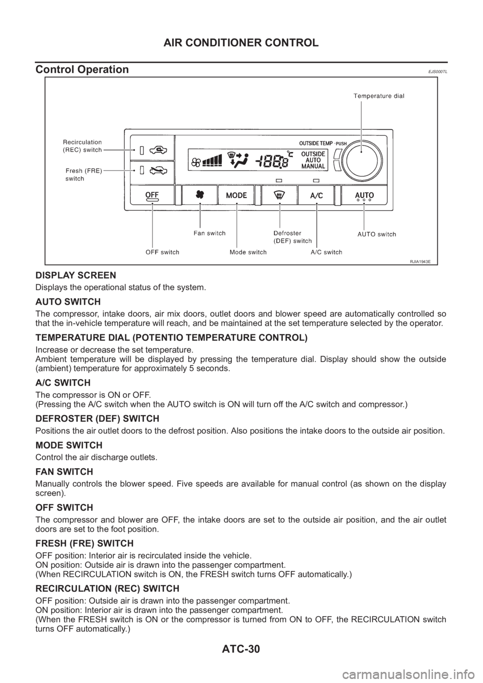NISSAN X-TRAIL 2001 Service Repair Manual ATC-30
AIR CONDITIONER CONTROL
Control Operation
EJS000TL
DISPLAY SCREEN
Displays the operational status of the system.
AUTO SWITCH
The compressor, intake doors, air mix doors, outlet doors a NISSAN X-TRAIL 2001 Service Repair Manual ATC-30
AIR CONDITIONER CONTROL
Control Operation
EJS000TL
DISPLAY SCREEN
Displays the operational status of the system.
AUTO SWITCH
The compressor, intake doors, air mix doors, outlet doors a