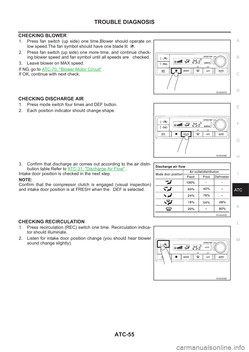 NISSAN X-TRAIL 2001  Service Repair Manual TROUBLE DIAGNOSIS
ATC-55
C
D
E
F
G
H
I
K
L
MA
B
AT C
CHECKING BLOWER
1. Press  fan  switch  (up  side)  one  time.Blower  should  operate  on
low speed.The fan symbol should have one blade lit   .
2. 
