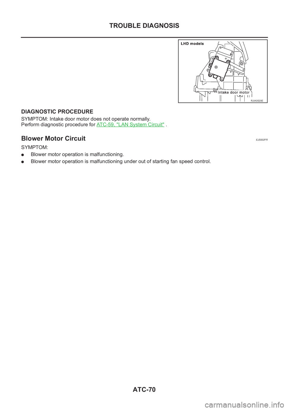 NISSAN X-TRAIL 2001 Service Repair Manual ATC-70
TROUBLE DIAGNOSIS
DIAGNOSTIC PROCEDURE
SYMPTOM: Intake door motor does not operate normally.
Perform diagnostic procedure for ATC-59, "
LAN System Circuit" .
Blower Motor CircuitEJS002F NISSAN X-TRAIL 2001 Service Repair Manual ATC-70
TROUBLE DIAGNOSIS
DIAGNOSTIC PROCEDURE
SYMPTOM: Intake door motor does not operate normally.
Perform diagnostic procedure for ATC-59, "
LAN System Circuit" .
Blower Motor CircuitEJS002F