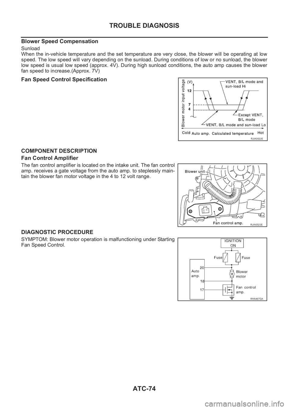 NISSAN X-TRAIL 2001 Service Repair Manual ATC-74
TROUBLE DIAGNOSIS
Blower Speed Compensation
Sunload
When the in-vehicle temperature and the set temperature are very close, the blower will be operating at low
speed. The low speed wi NISSAN X-TRAIL 2001 Service Repair Manual ATC-74
TROUBLE DIAGNOSIS
Blower Speed Compensation
Sunload
When the in-vehicle temperature and the set temperature are very close, the blower will be operating at low
speed. The low speed wi