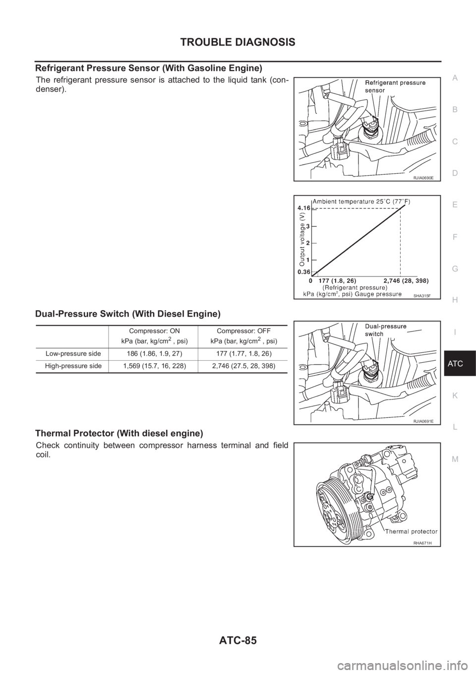 NISSAN X-TRAIL 2001 Service Repair Manual TROUBLE DIAGNOSIS
ATC-85
C
D
E
F
G
H
I
K
L
MA
B
AT C
Refrigerant Pressure Sensor (With Gasoline Engine)
The refrigerant pressure sensor is attached to the liquid tank (con-
denser).
Dual-Pres NISSAN X-TRAIL 2001 Service Repair Manual TROUBLE DIAGNOSIS
ATC-85
C
D
E
F
G
H
I
K
L
MA
B
AT C
Refrigerant Pressure Sensor (With Gasoline Engine)
The refrigerant pressure sensor is attached to the liquid tank (con-
denser).
Dual-Pres