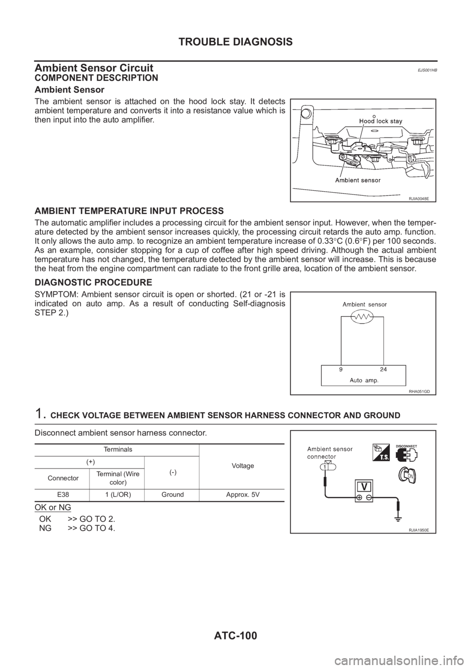 NISSAN X-TRAIL 2001 Service Repair Manual ATC-100
TROUBLE DIAGNOSIS
Ambient Sensor Circuit
EJS001HB
COMPONENT DESCRIPTION
Ambient Sensor
The ambient sensor is attached on the hood lock stay. It detects
ambient temperature and conve NISSAN X-TRAIL 2001 Service Repair Manual ATC-100
TROUBLE DIAGNOSIS
Ambient Sensor Circuit
EJS001HB
COMPONENT DESCRIPTION
Ambient Sensor
The ambient sensor is attached on the hood lock stay. It detects
ambient temperature and conve