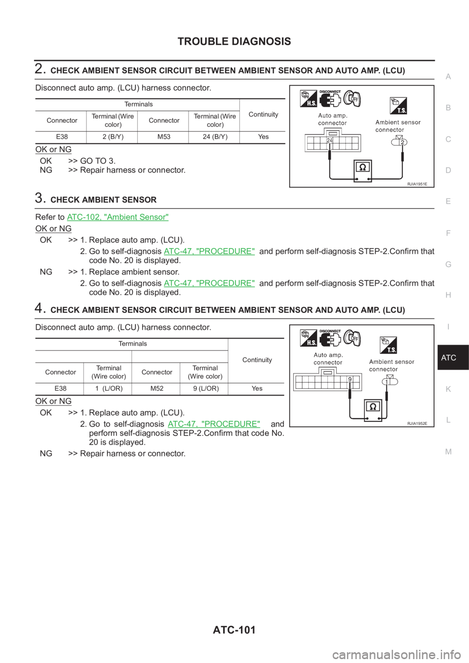 NISSAN X-TRAIL 2001 Service Repair Manual TROUBLE DIAGNOSIS
ATC-101
C
D
E
F
G
H
I
K
L
MA
B
AT C
2.CHECK AMBIENT SENSOR CIRCUIT BETWEEN AMBIENT SENSOR AND AUTO AMP. (LCU)
Disconnect auto amp. (LCU) harness connector.
OK or NG
OK >> GO TO 3.
NG NISSAN X-TRAIL 2001 Service Repair Manual TROUBLE DIAGNOSIS
ATC-101
C
D
E
F
G
H
I
K
L
MA
B
AT C
2.CHECK AMBIENT SENSOR CIRCUIT BETWEEN AMBIENT SENSOR AND AUTO AMP. (LCU)
Disconnect auto amp. (LCU) harness connector.
OK or NG
OK >> GO TO 3.
NG