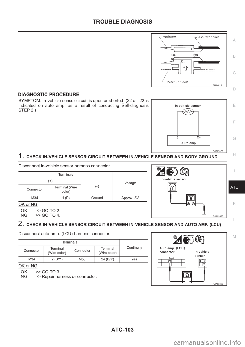 NISSAN X-TRAIL 2001 Service Repair Manual TROUBLE DIAGNOSIS
ATC-103
C
D
E
F
G
H
I
K
L
MA
B
AT C
DIAGNOSTIC PROCEDURE
SYMPTOM: In-vehicle sensor circuit is open or shorted. (22 or -22 is
indicated on auto amp. as a result of conducting NISSAN X-TRAIL 2001 Service Repair Manual TROUBLE DIAGNOSIS
ATC-103
C
D
E
F
G
H
I
K
L
MA
B
AT C
DIAGNOSTIC PROCEDURE
SYMPTOM: In-vehicle sensor circuit is open or shorted. (22 or -22 is
indicated on auto amp. as a result of conducting