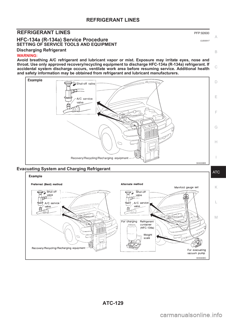 NISSAN X-TRAIL 2001  Service Repair Manual REFRIGERANT LINES
ATC-129
C
D
E
F
G
H
I
K
L
MA
B
AT C
REFRIGERANT LINESPFP:92600
HFC-134a (R-134a) Service ProcedureEJS000V7
SETTING OF SERVICE TOOLS AND EQUIPMENT
Discharging Refrigerant
WARNING:
Avo