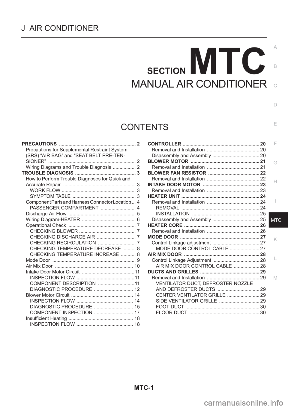 NISSAN X-TRAIL 2001 Service Repair Manual MTC-1
MANUAL AIR CONDITIONER
J AIR CONDITIONER
CONTENTS
C
D
E
F
G
H
I
K
L
M
SECTION
A
B
MTC
MANUAL AIR CONDITIONER
PRECAUTIONS .......................................................... 2
Precaution NISSAN X-TRAIL 2001 Service Repair Manual MTC-1
MANUAL AIR CONDITIONER
J AIR CONDITIONER
CONTENTS
C
D
E
F
G
H
I
K
L
M
SECTION
A
B
MTC
MANUAL AIR CONDITIONER
PRECAUTIONS .......................................................... 2
Precaution