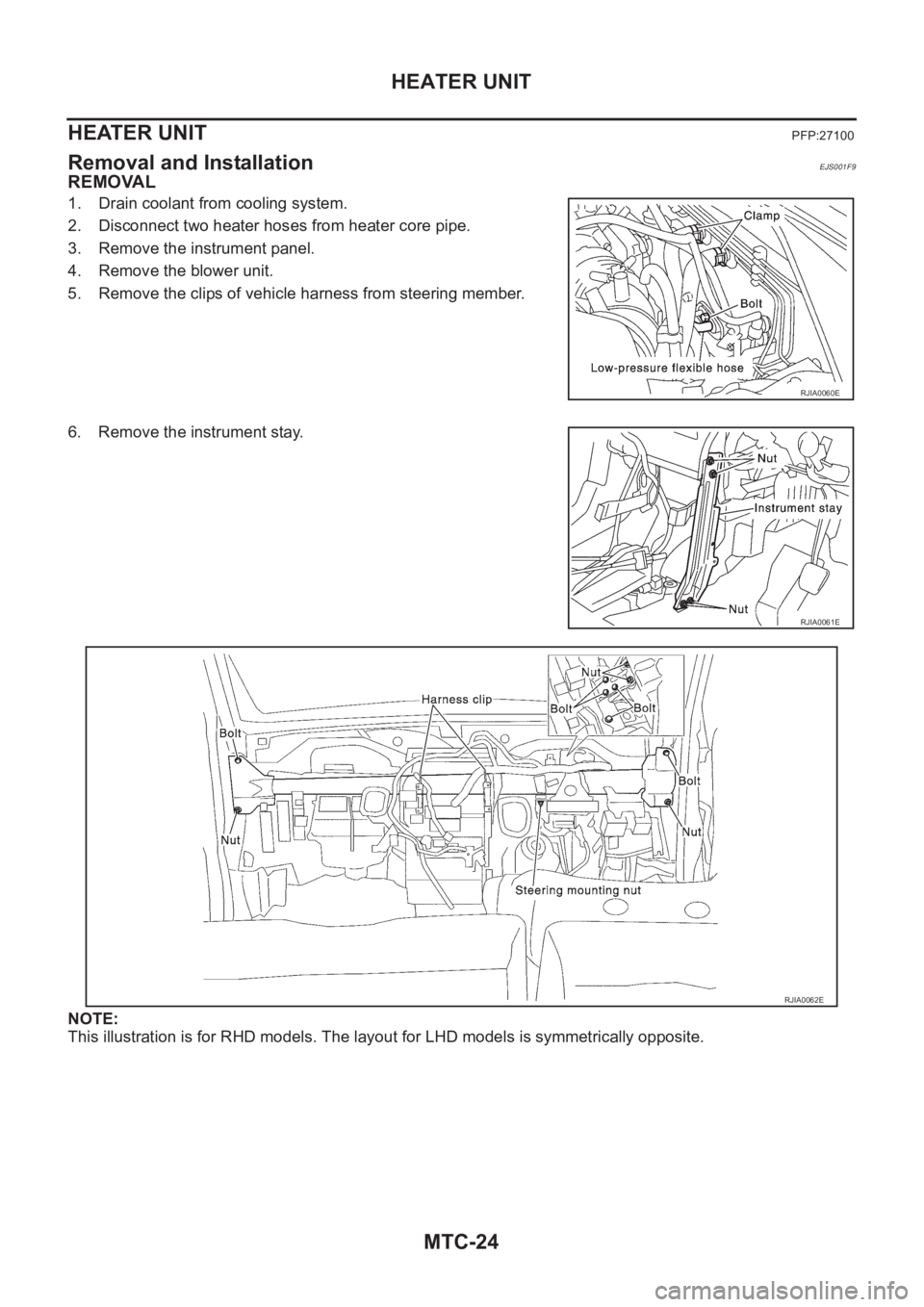 NISSAN X-TRAIL 2001  Service Repair Manual MTC-24
HEATER UNIT
HEATER UNIT
PFP:27100
Removal and InstallationEJS001F9
REMOVAL
1. Drain coolant from cooling system. 
2. Disconnect two heater hoses from heater core pipe.
3. Remove the instrument 
