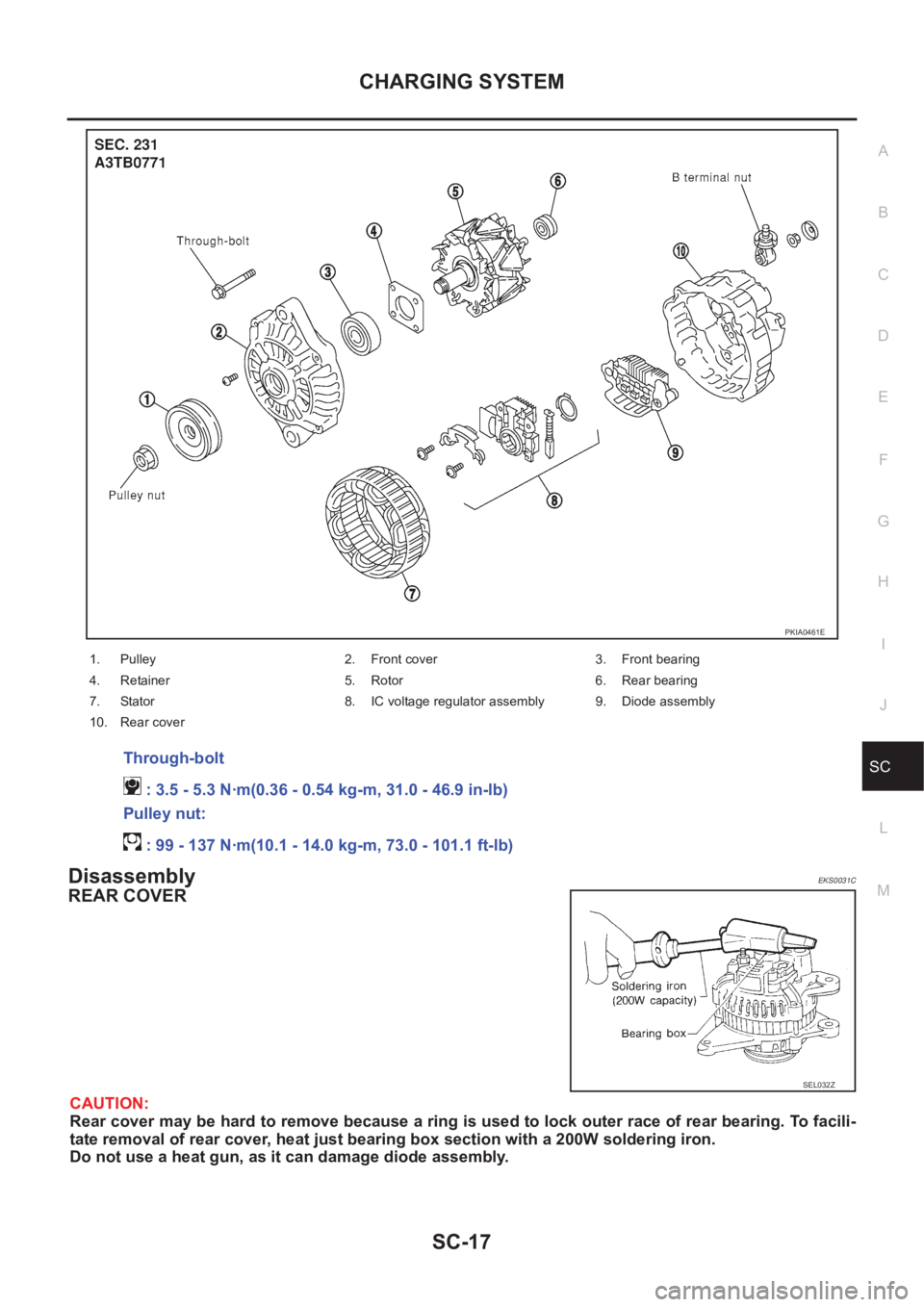 NISSAN X-TRAIL 2001 Service Repair Manual CHARGING SYSTEM
SC-17
C
D
E
F
G
H
I
J
L
MA
B
SC
DisassemblyEKS0031C
REAR COVER
CAUTION:
Rear cover may be hard to remove because a ring is used to lock outer race of rear bearing. To facili-
tate remo NISSAN X-TRAIL 2001 Service Repair Manual CHARGING SYSTEM
SC-17
C
D
E
F
G
H
I
J
L
MA
B
SC
DisassemblyEKS0031C
REAR COVER
CAUTION:
Rear cover may be hard to remove because a ring is used to lock outer race of rear bearing. To facili-
tate remo