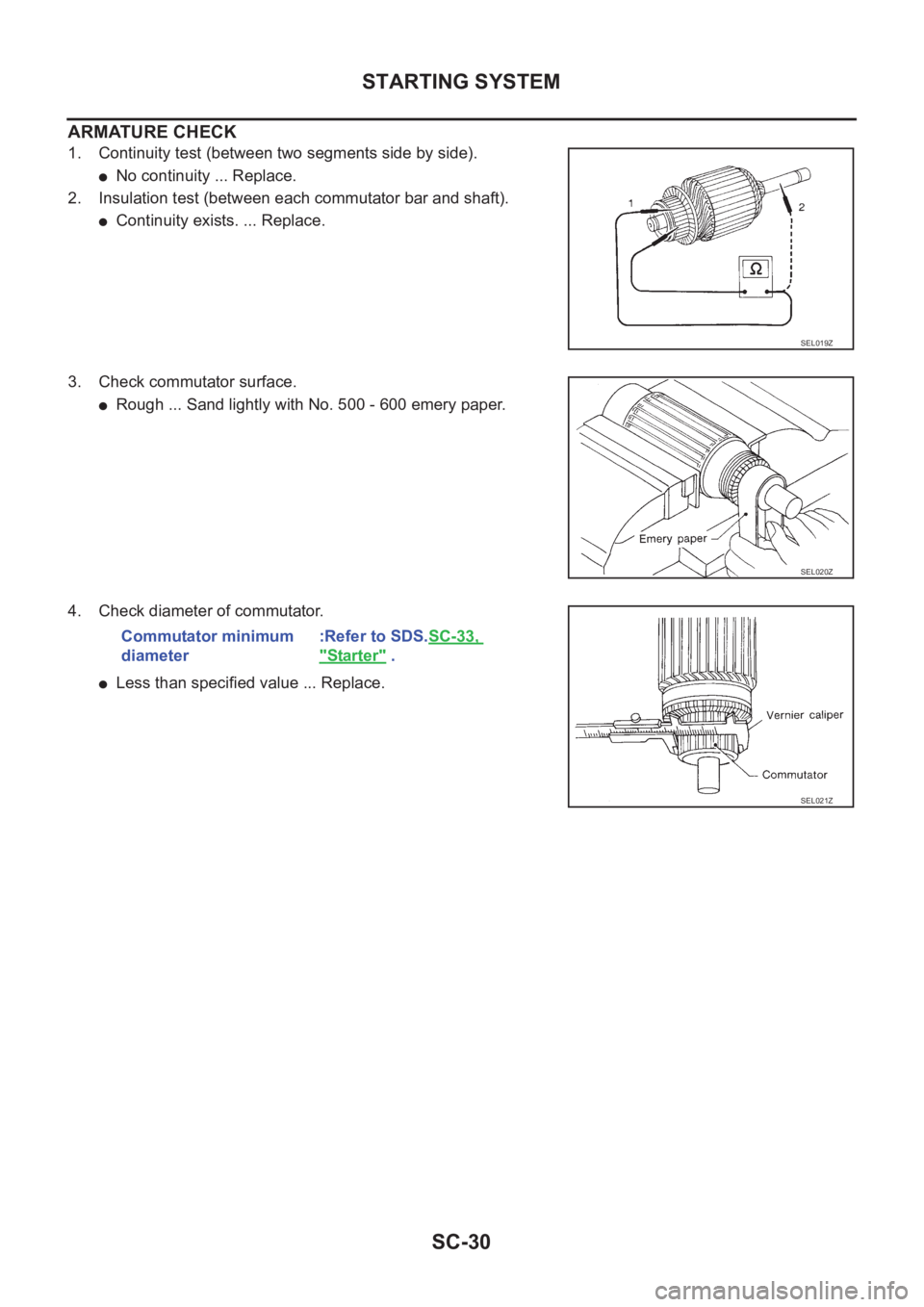 NISSAN X-TRAIL 2001  Service Repair Manual SC-30
STARTING SYSTEM
ARMATURE CHECK
1. Continuity test (between two segments side by side).
●No continuity ... Replace.
2. Insulation test (between each commutator bar and shaft).
●Continuity exi